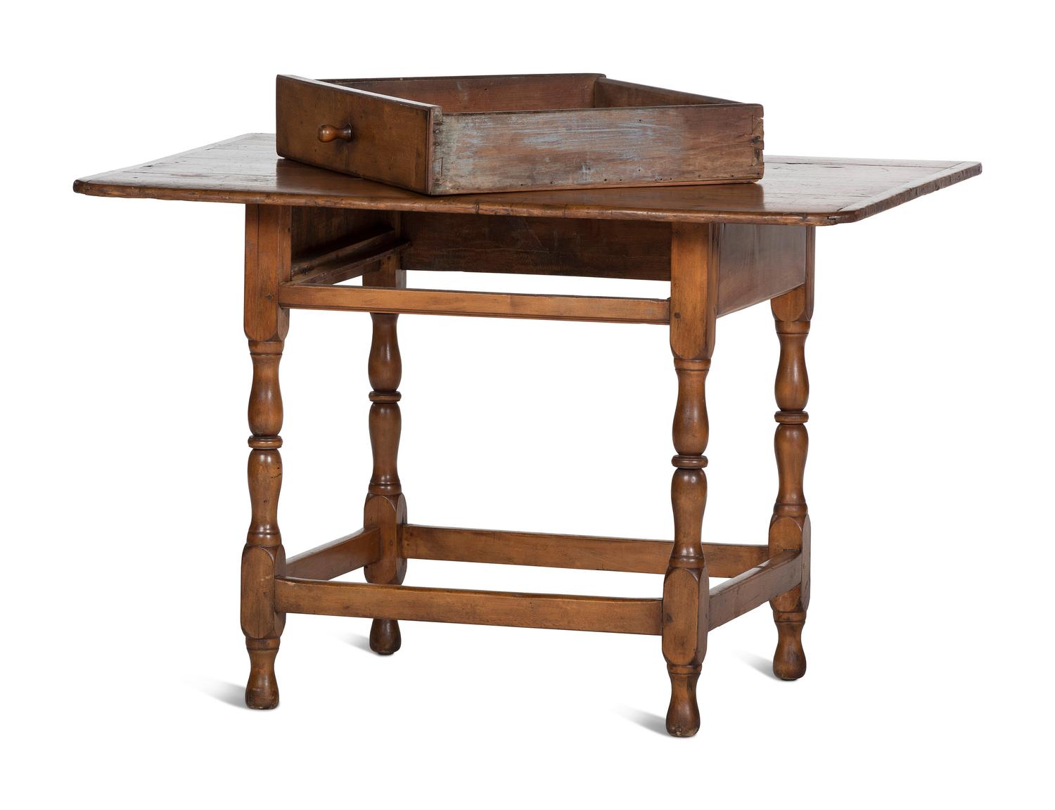 A William and Mary Pine and Maple One-Drawer Stretcher-Base Tavern Table