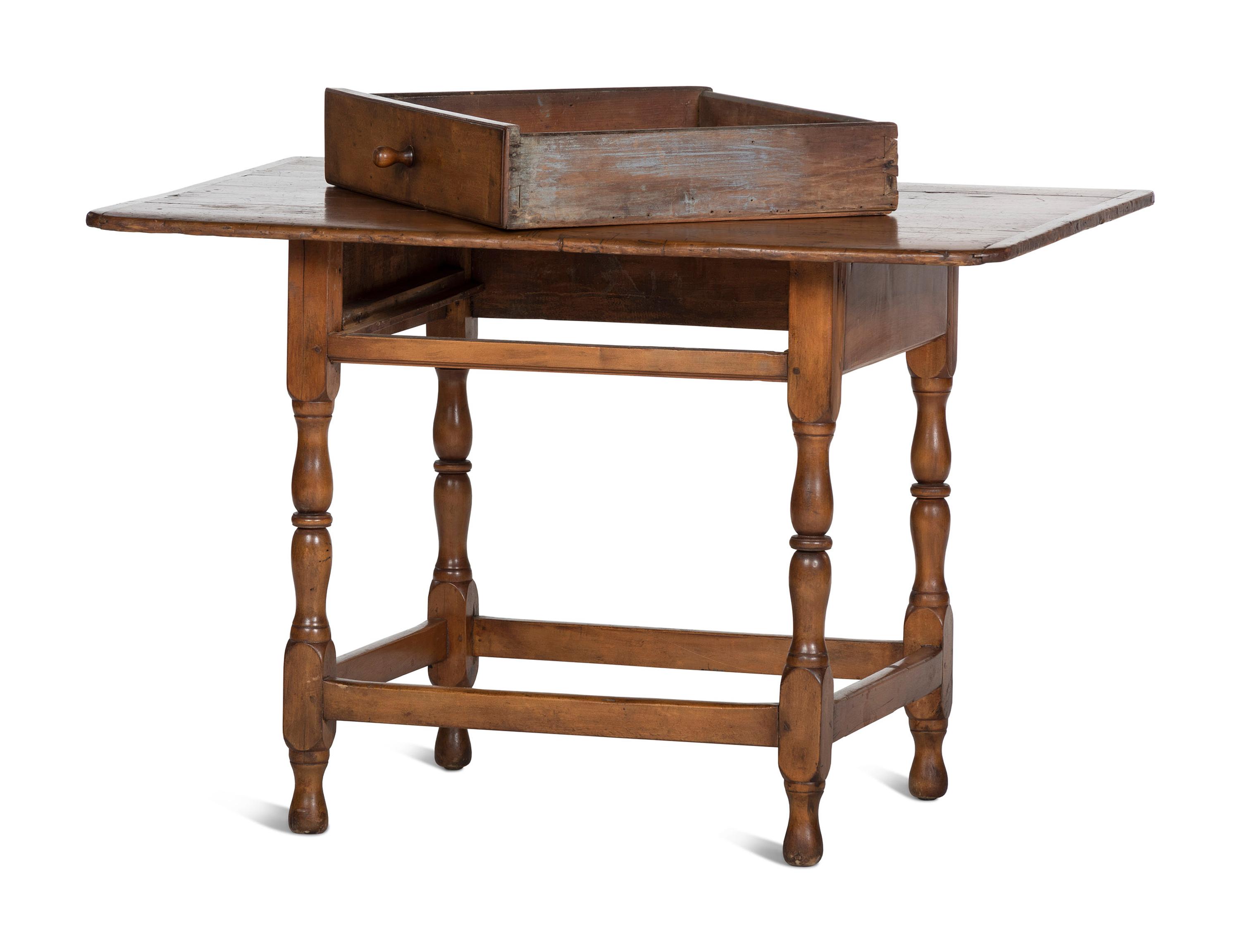 A William and Mary Pine and Maple One-Drawer Stretcher-Base Tavern Table