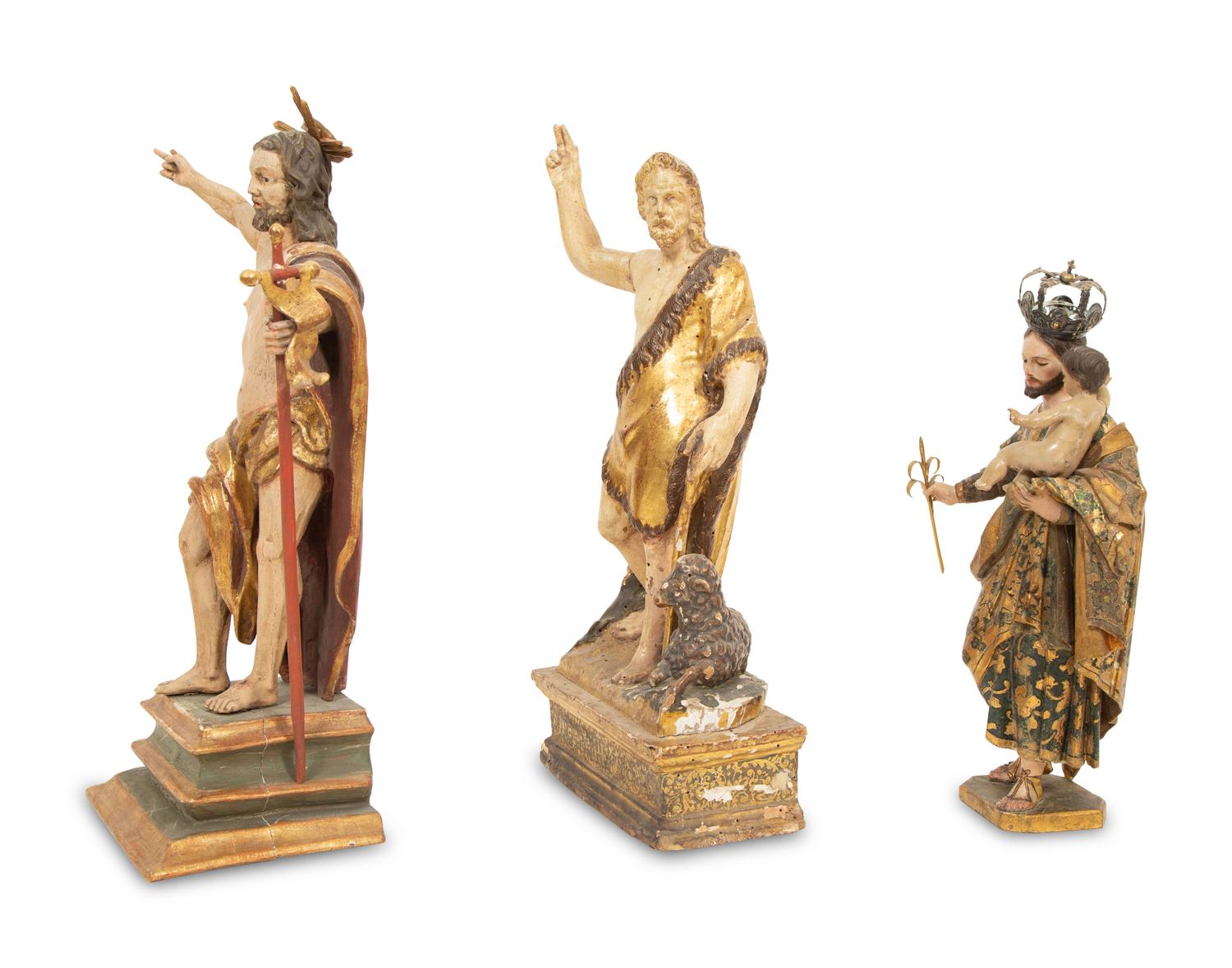 Three Continental Painted Giltwood Santos Figures
