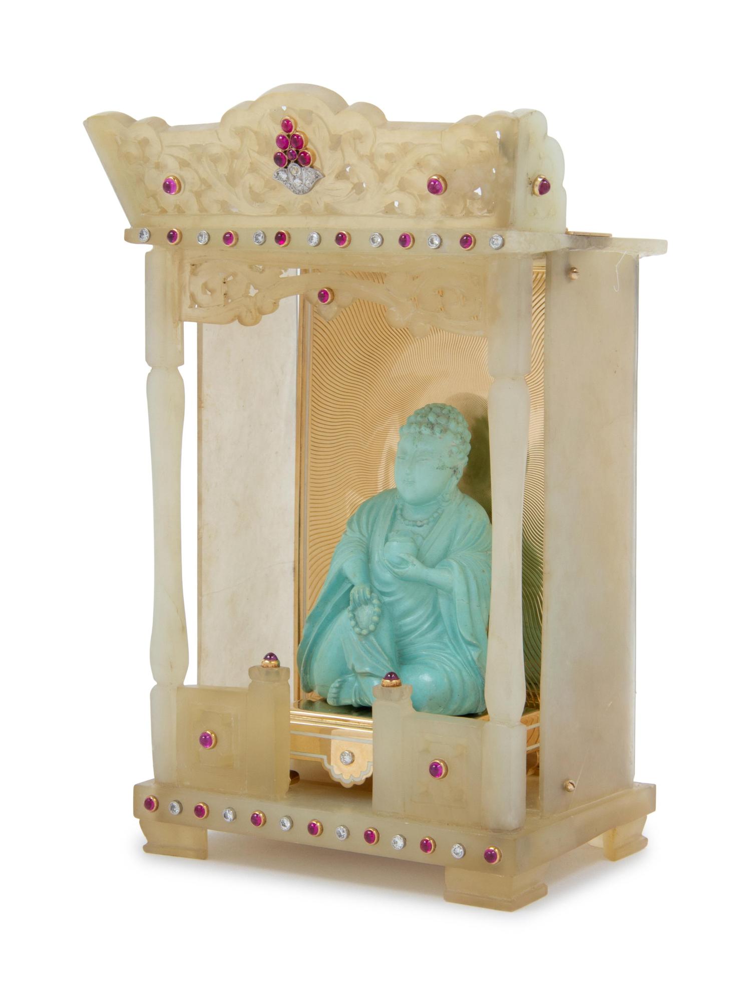 A Continental Hardstone, Gold, Gemstone and Turquoise Shrine