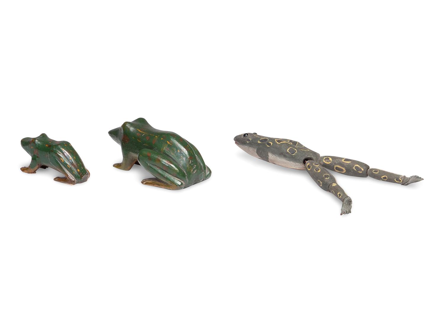 Three Folk Art Carved and Painted Wood Frogs