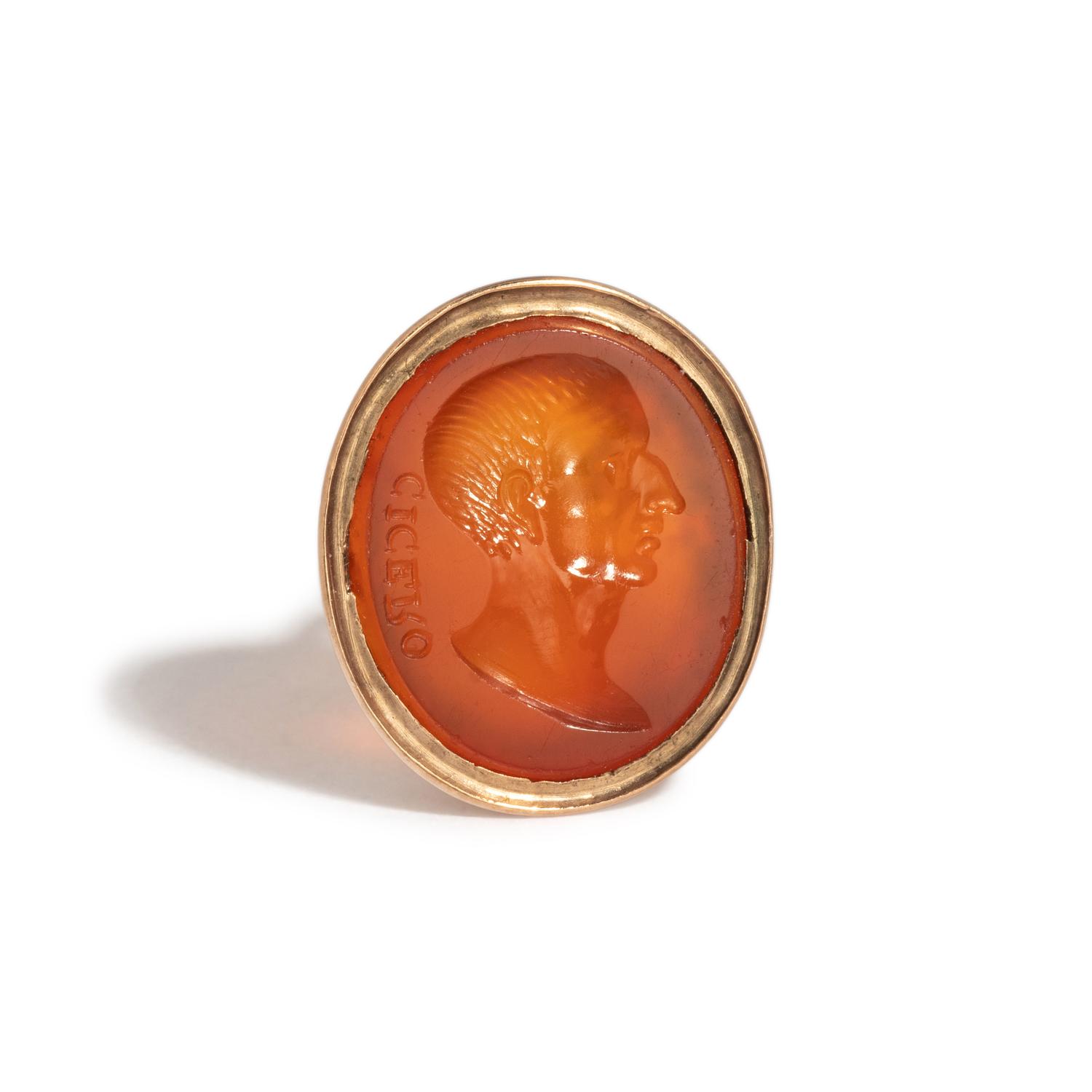 A Georgian Gold and Carnelian Intaglio Stamp with a Portrait Head of the Roman Cicero