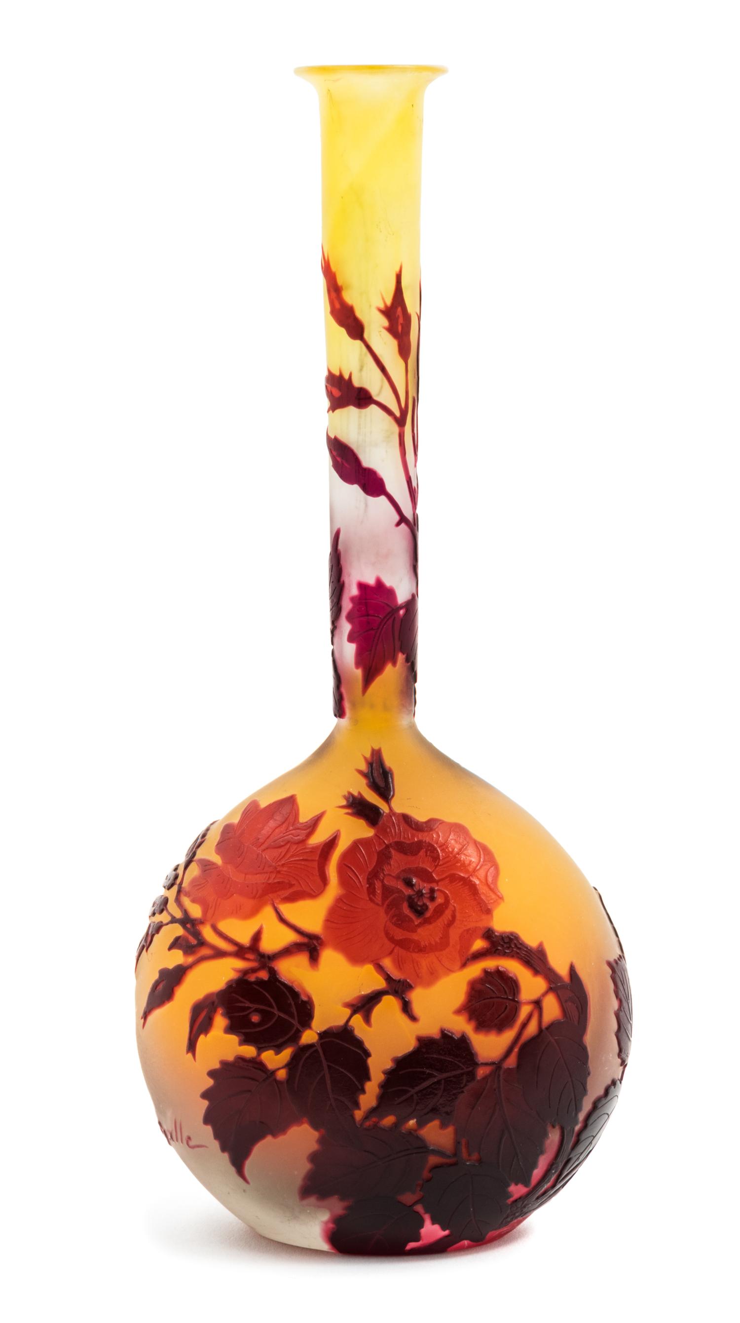 Emile Galle, (French, 1846-1904), a cameo glass vase, of banjo form with foliate decoration