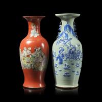 Two Large Chinese Porcelain 'Figural' Vases 粉彩、青花人物圖賞瓶兩件
