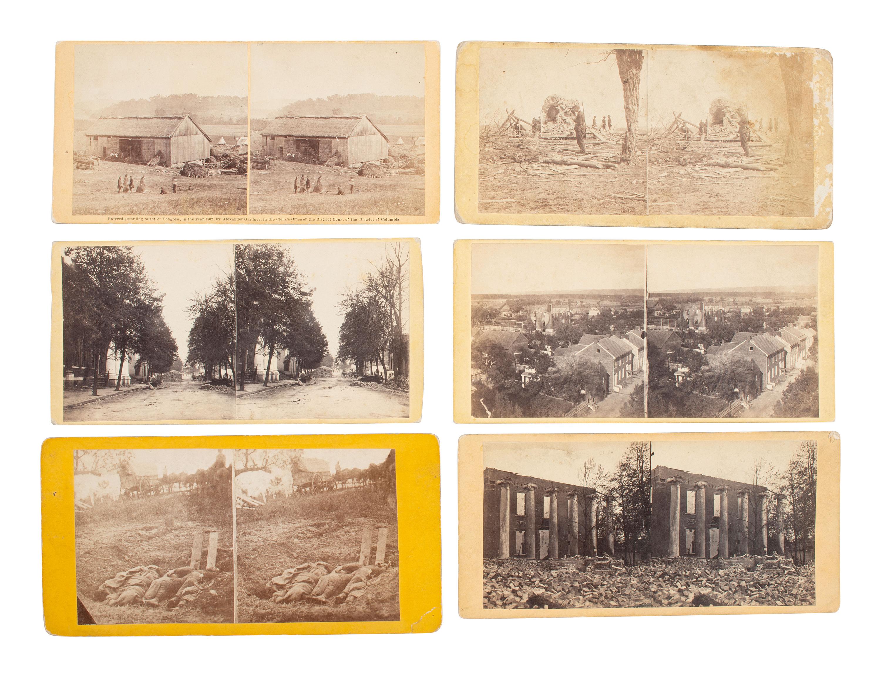 [CIVIL WAR]. A group of 12 stereoviews showing battlefield carnage incl. deceased soldiers at Antietam and Gettysburg, many by GARDNER.