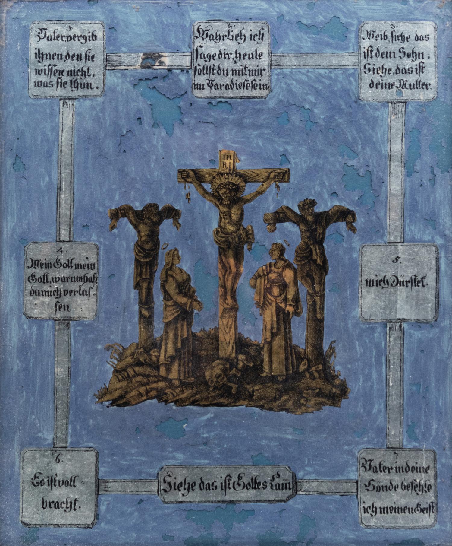 A Continental Reverse Painting on Glass Depicting the Three Crosses
