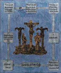 A Continental Reverse Painting on Glass Depicting the Three Crosses