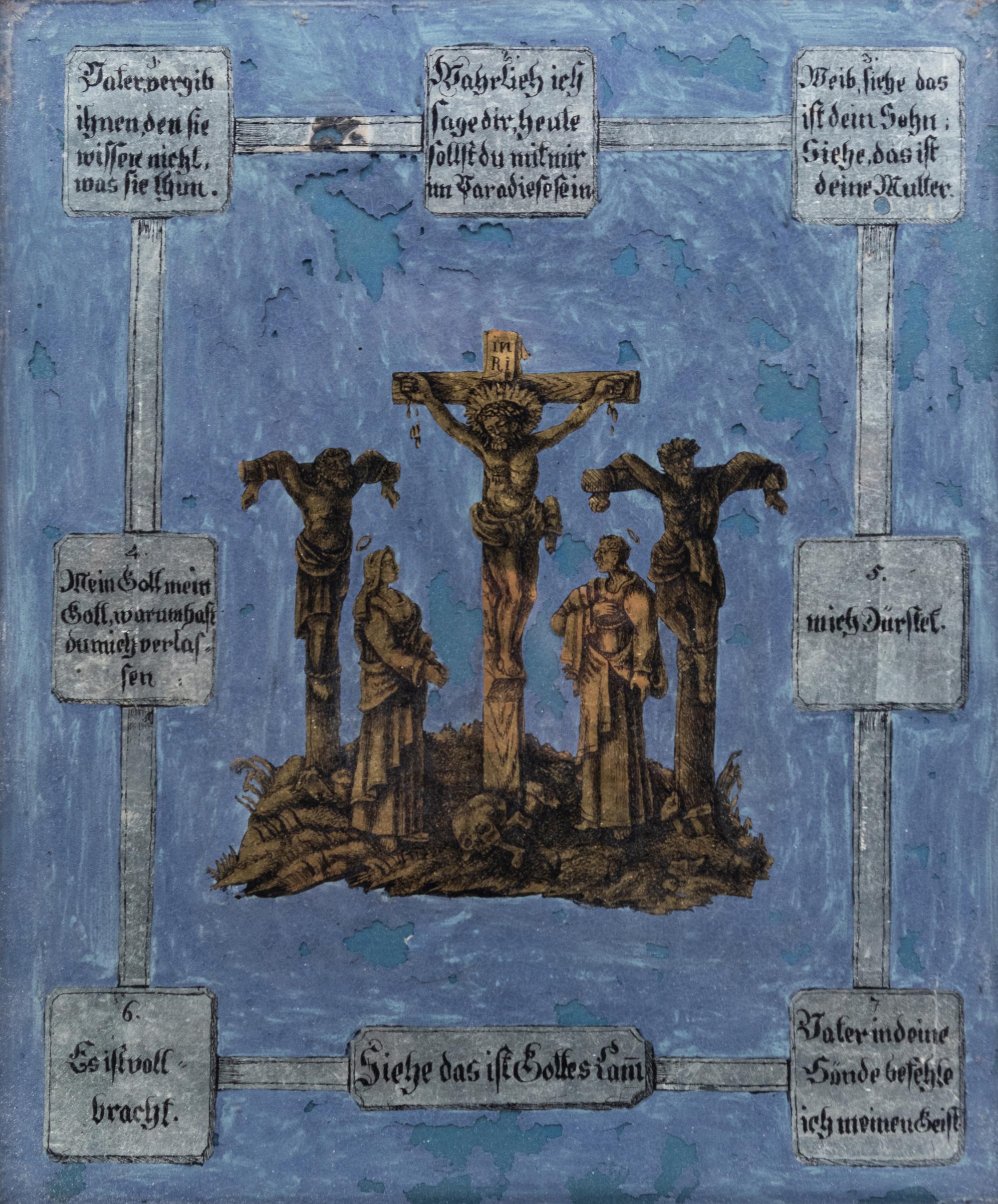 A Continental Reverse Painting on Glass Depicting the Three Crosses