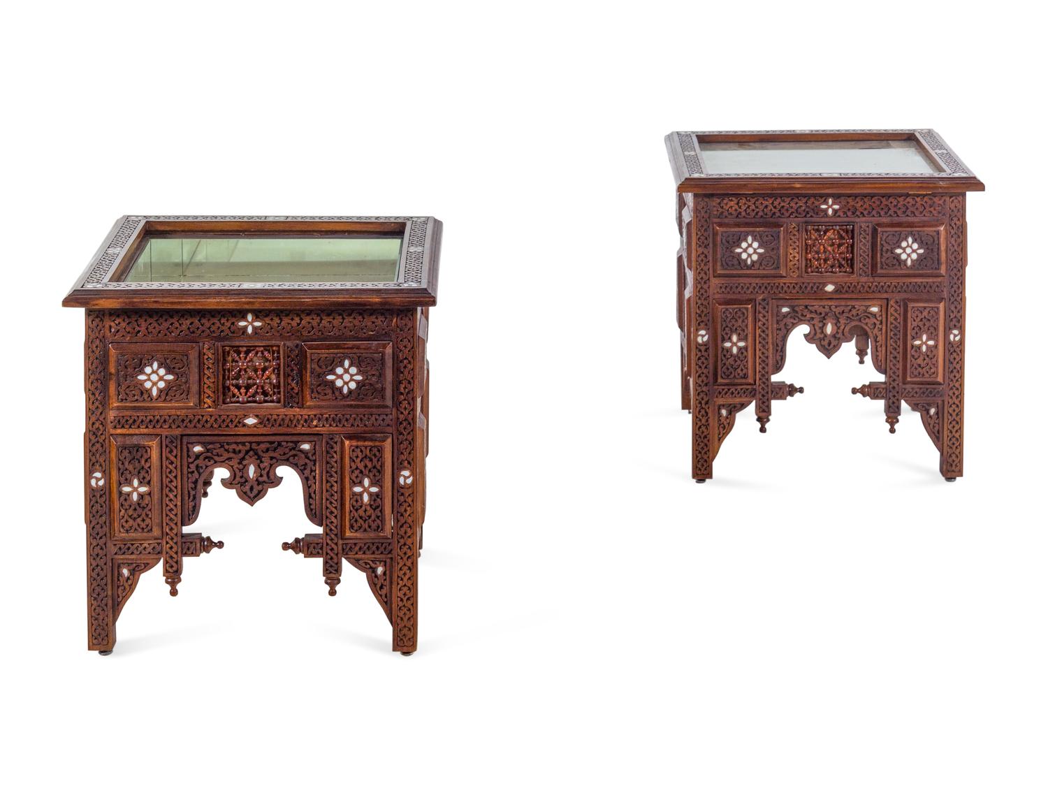 A Pair of Syrian Carved and Inlaid Walnut Low Vitrine Tables