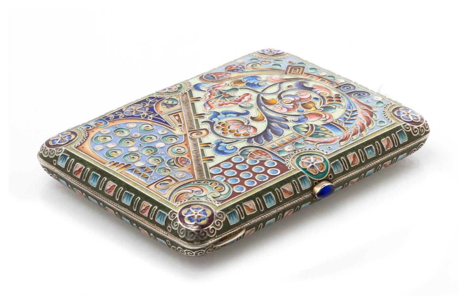 A Russian Enameled Silver Cigarette Case, Mark of Konstantin Skvortsov, Moscow, early 20th century, the case with polychrome floral, fo