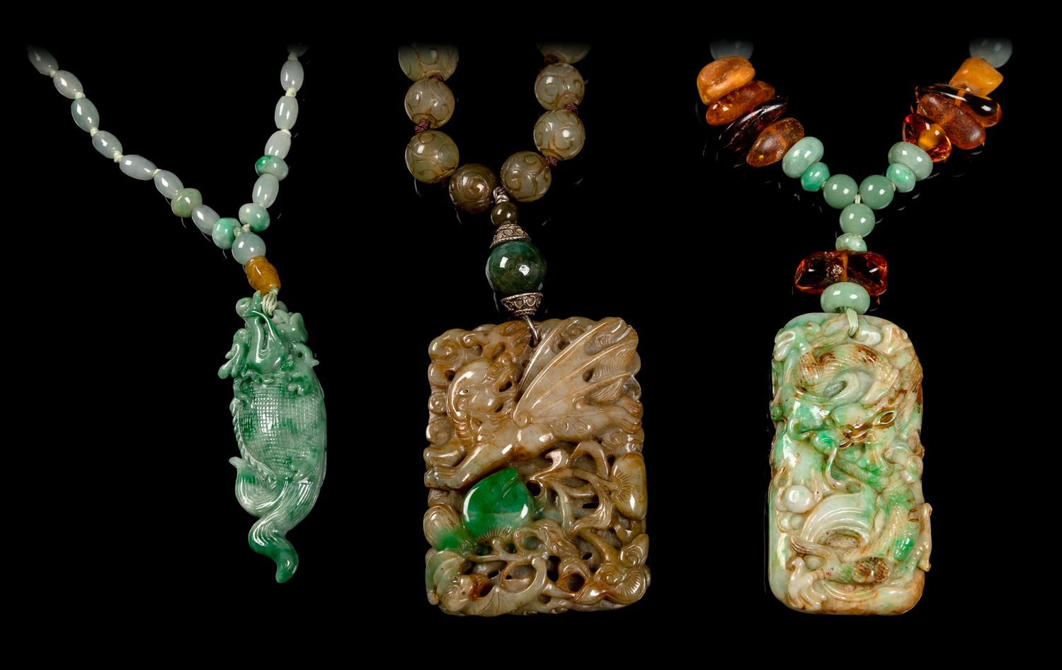 Three Chinese Jade, Jadeite and Hardstone Beaded Necklaces