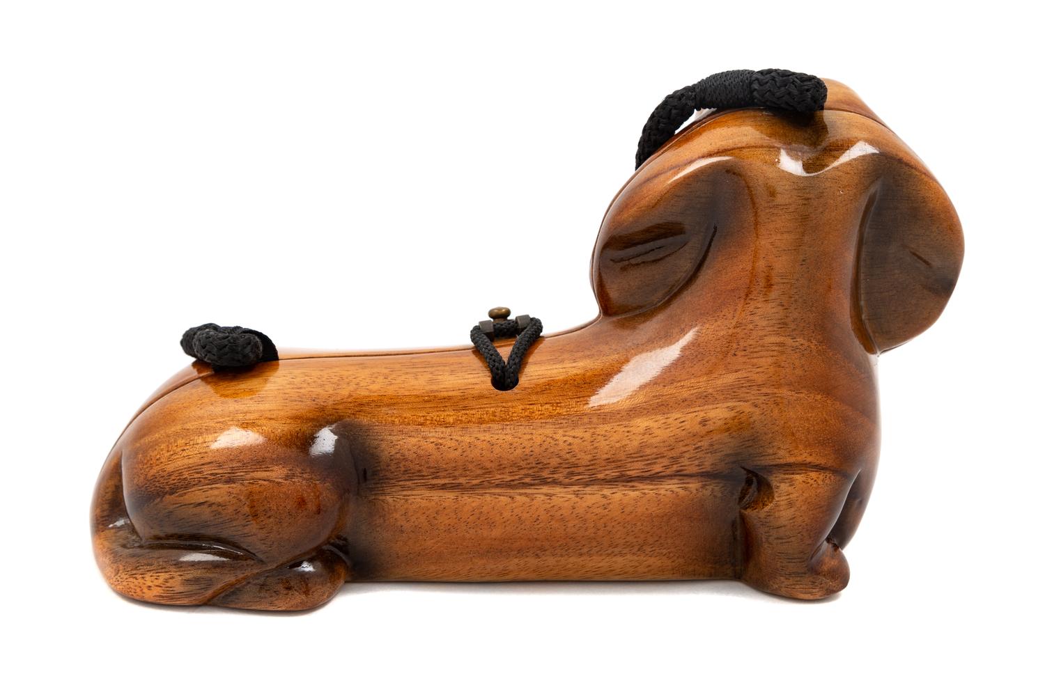 A Timmy Woods Hand Carved Brown Wood Dachshund Handbag, 5.5" L x 11" W x 4.5" D; Strap drop: 24".