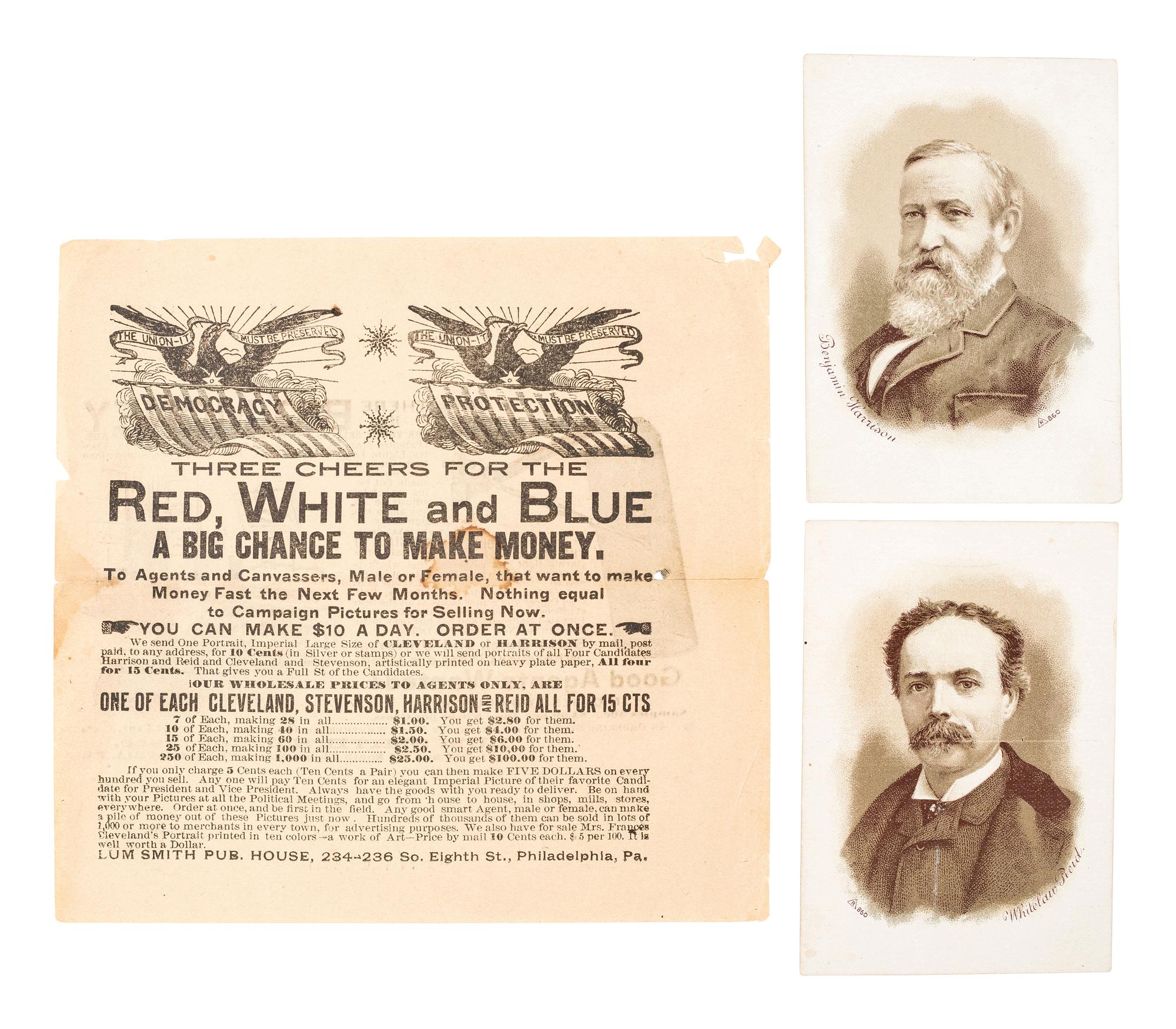 [1888 and 1892 ELECTION]. A group of ephemera related from the 1888 presidential campaigns of Benjamin Harrison and Grover Cleveland, comprising: