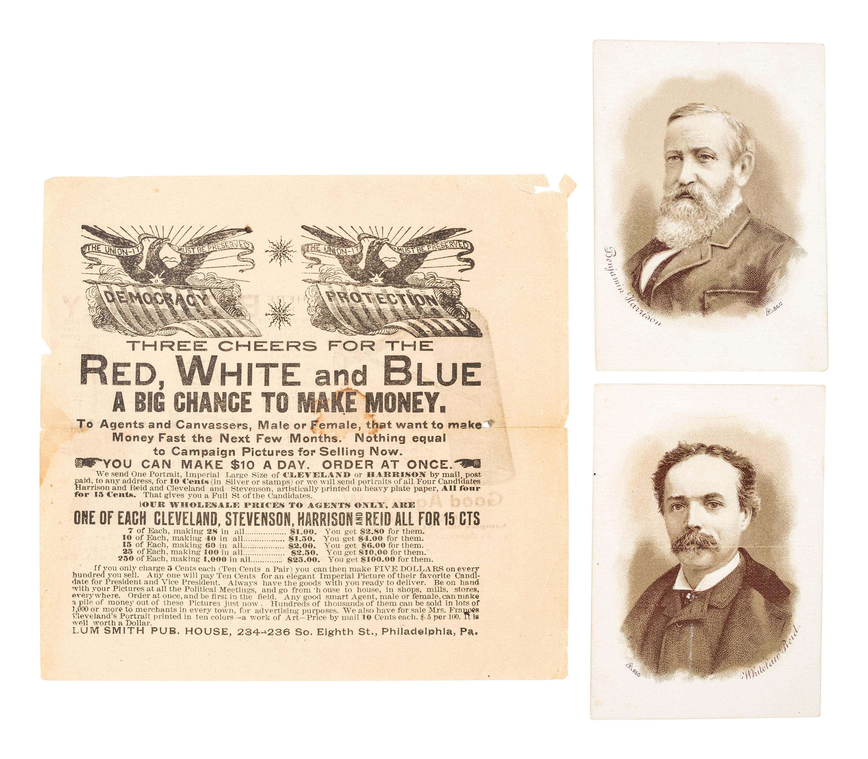 [1888 and 1892 ELECTION]. A group of ephemera related from the 1888 presidential campaigns of Benjamin Harrison and Grover Cleveland, comprising: