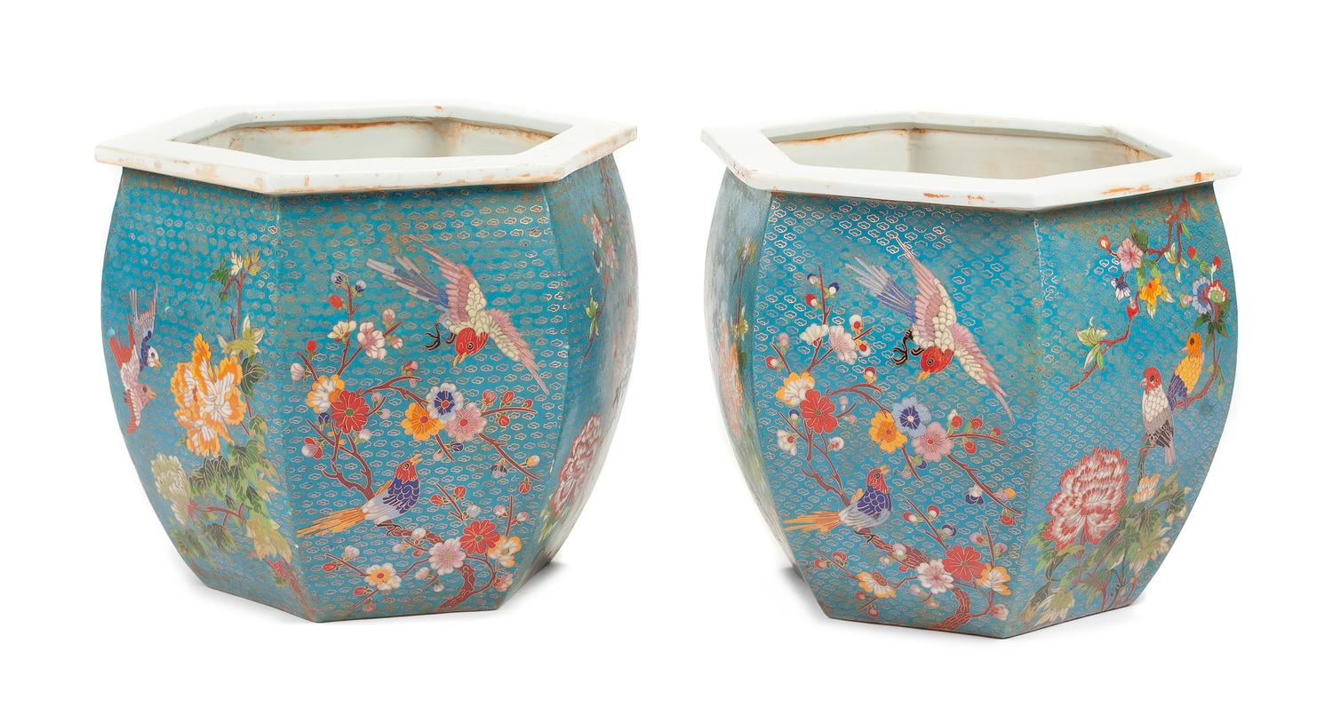 A Pair of Chinese Cloisonne Inlaid Porcelain Jardinieres Height 14 x width 15 inches.