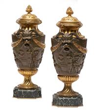 A Pair of Neoclassical Gilt and Patinated Bronze Urns