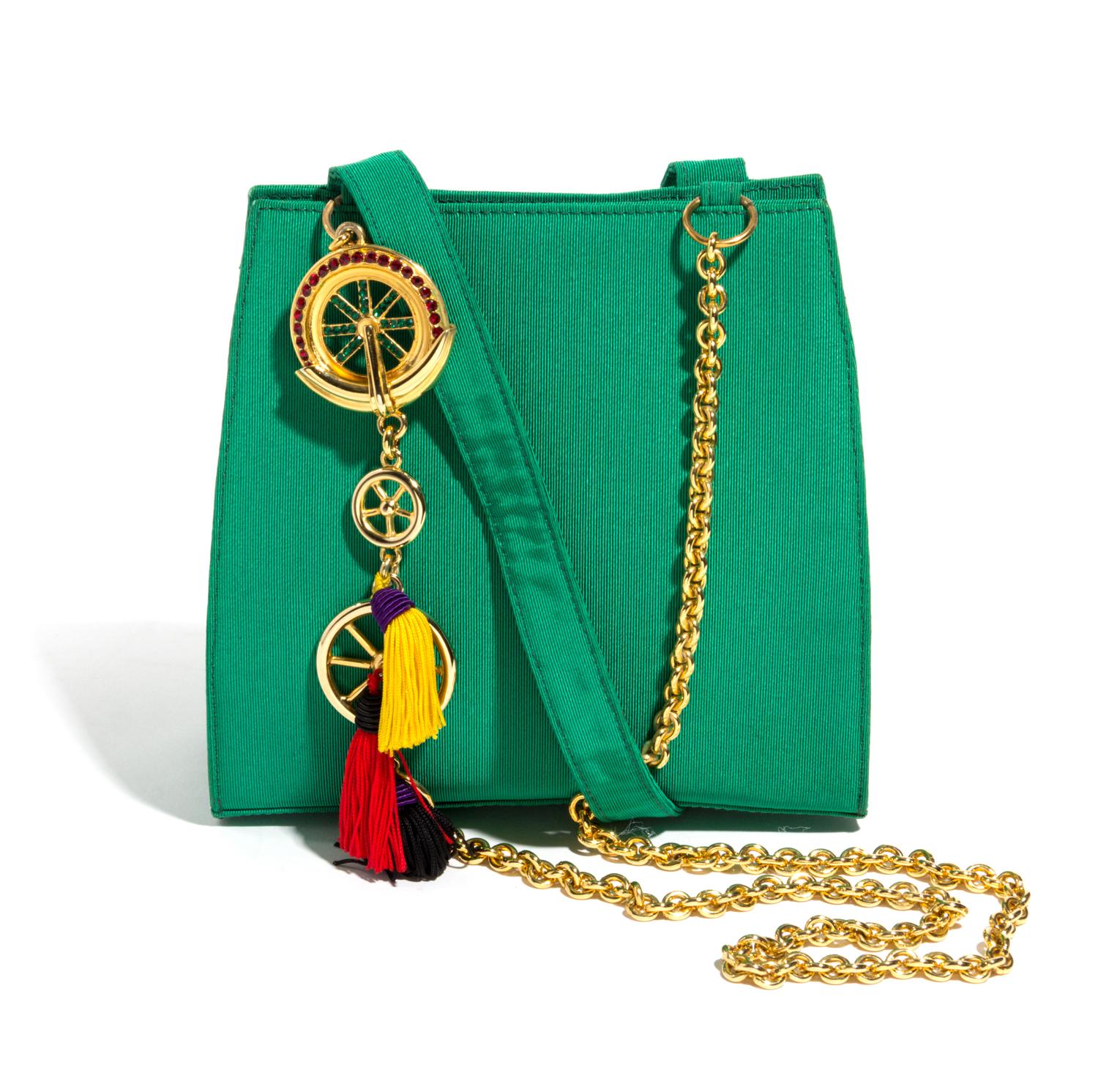 A Gianni Versace Green Silk Shoulder Bag, 8" x 8" x 3"; Strap drop: 19.5".