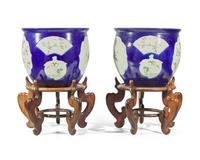A pair of large Chinese Famille Rose-decorated cobalt-ground jardinières, late Qing to Republic period