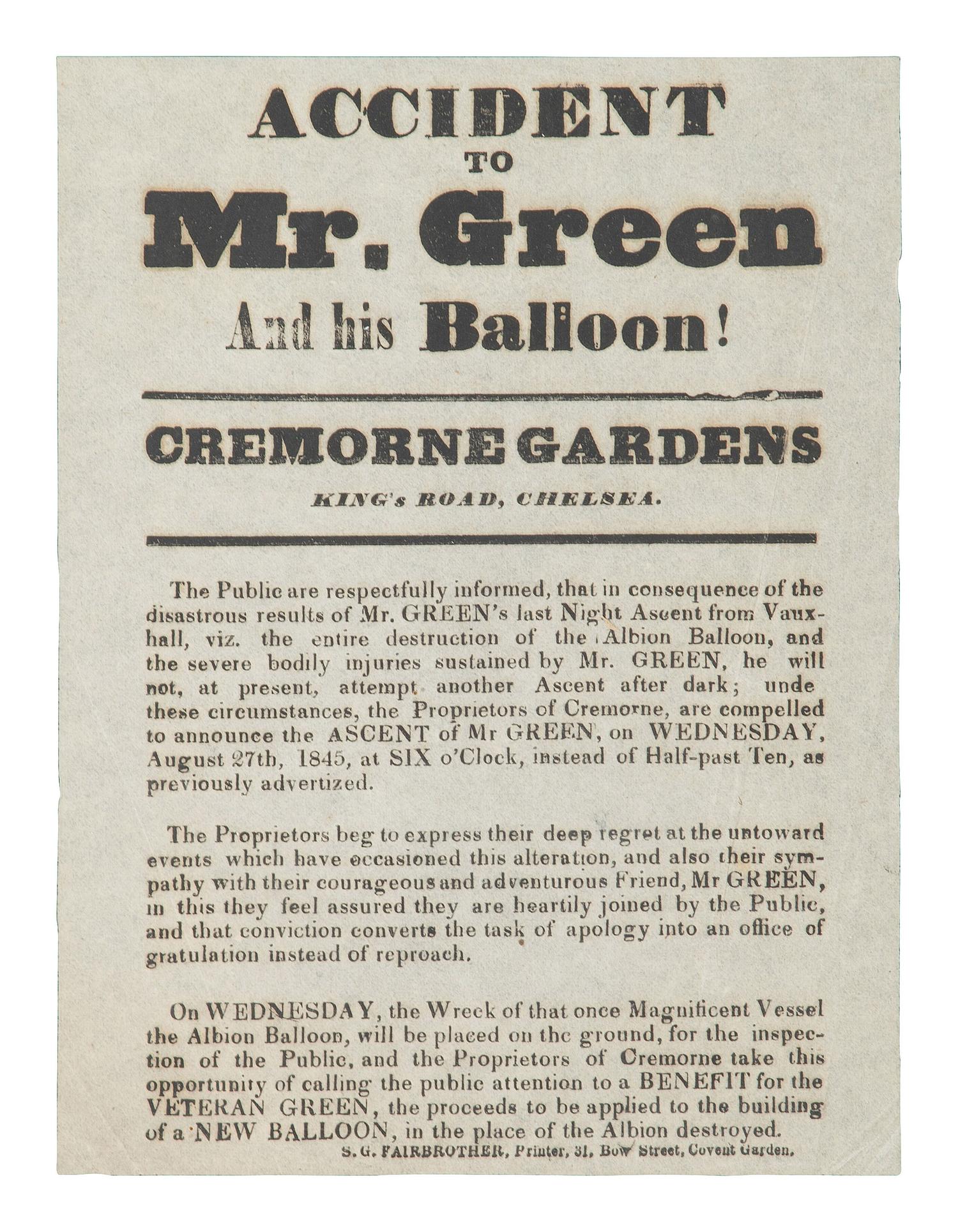 [TRANSPORTATION]. Accident to Mr. Green and his Balloon! London: S.G. Fairbrother, [1845].