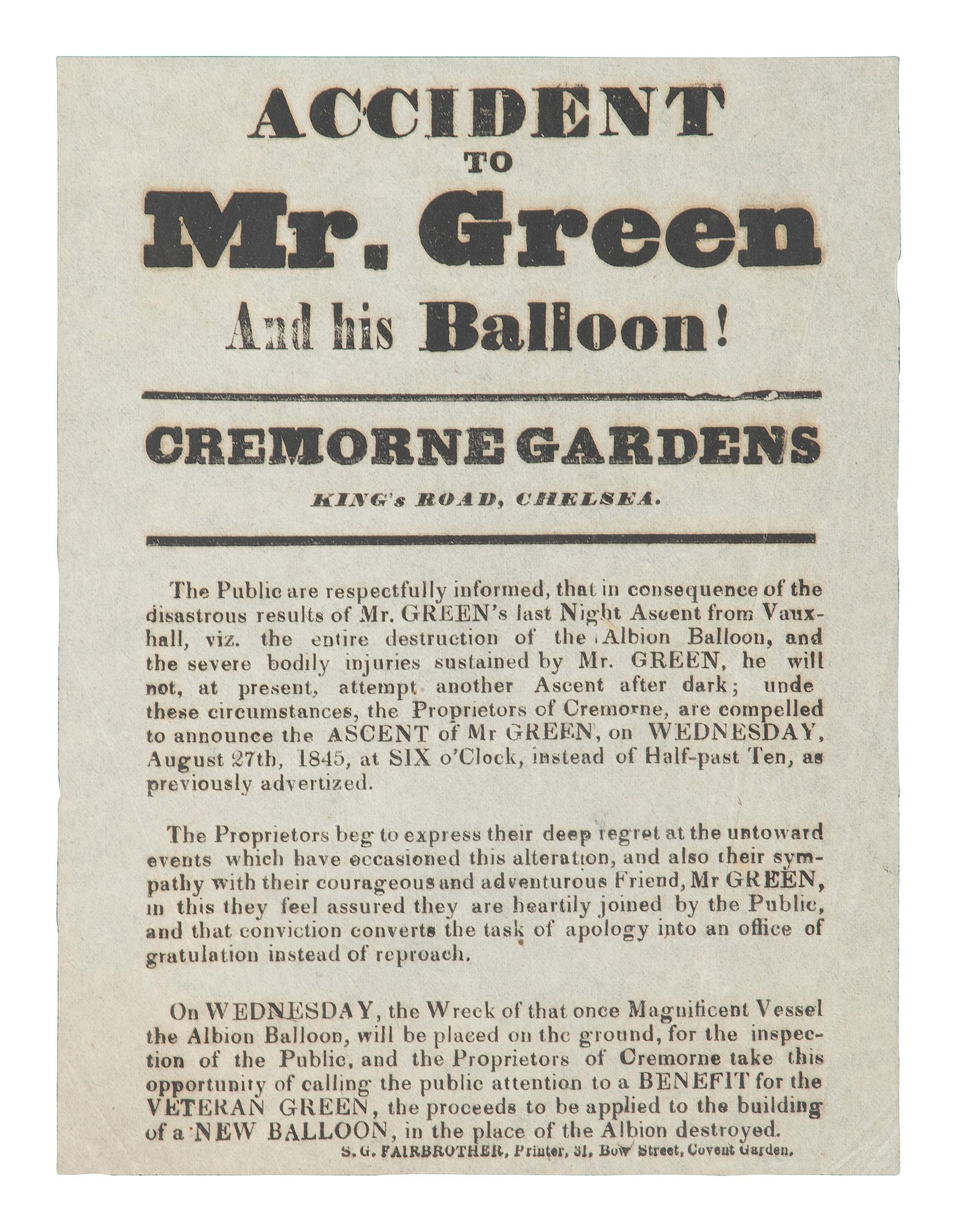 [TRANSPORTATION]. Accident to Mr. Green and his Balloon! London: S.G. Fairbrother, [1845].