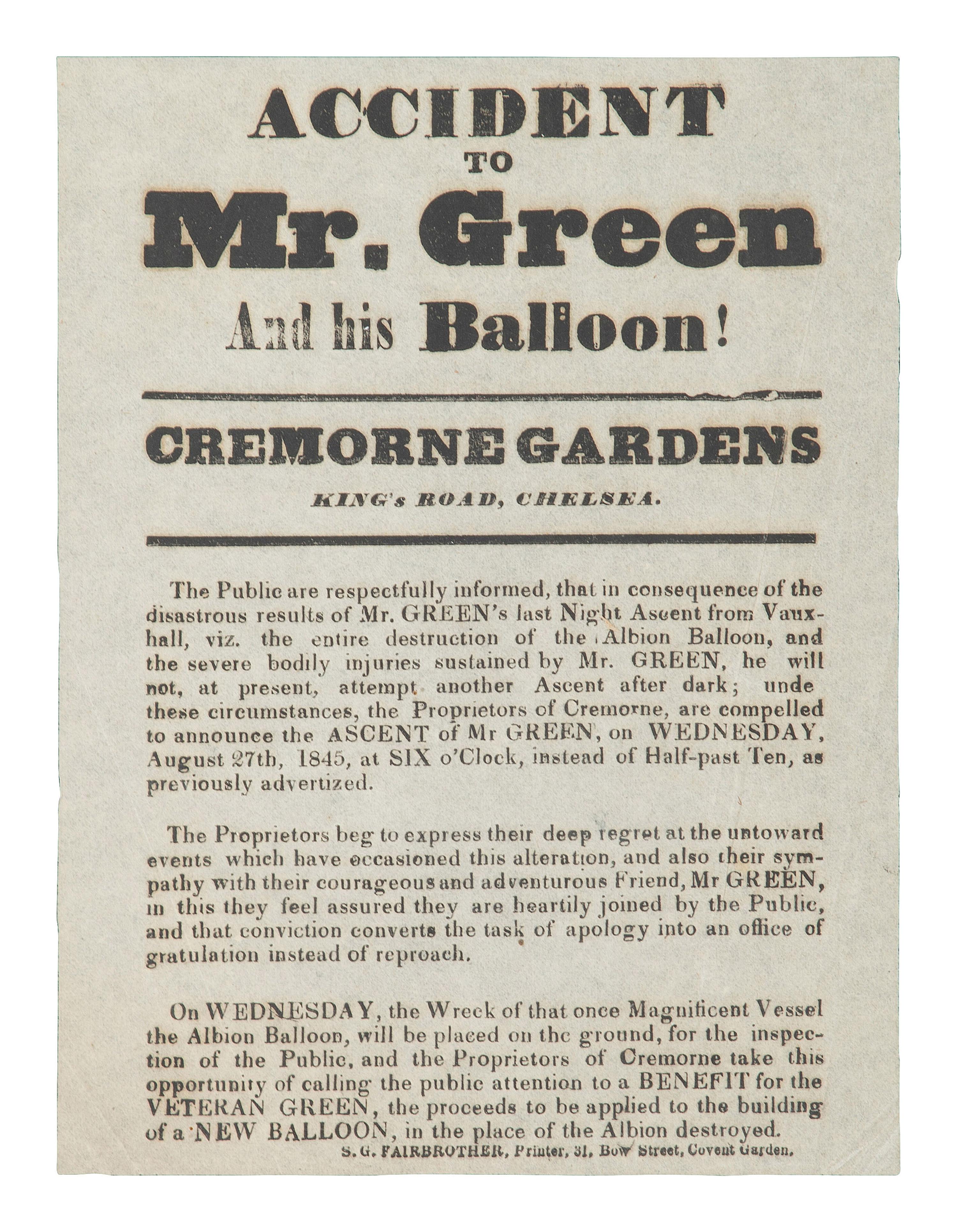 [TRANSPORTATION]. Accident to Mr. Green and his Balloon! London: S.G. Fairbrother, [1845].