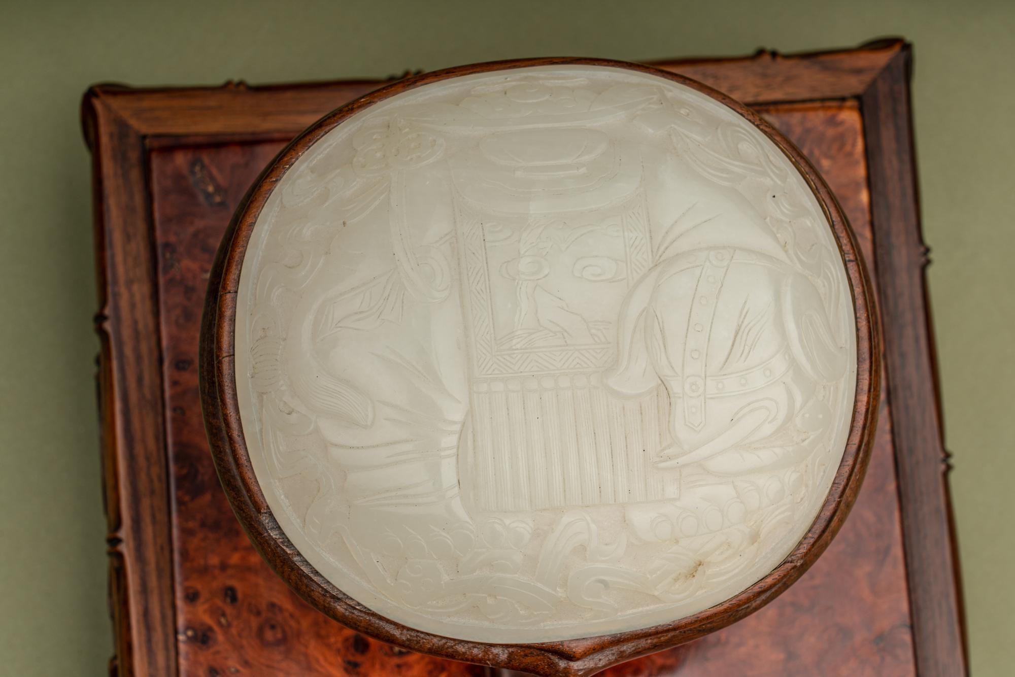 A Large White Jade Inset Hardwood Ruyi Scepter