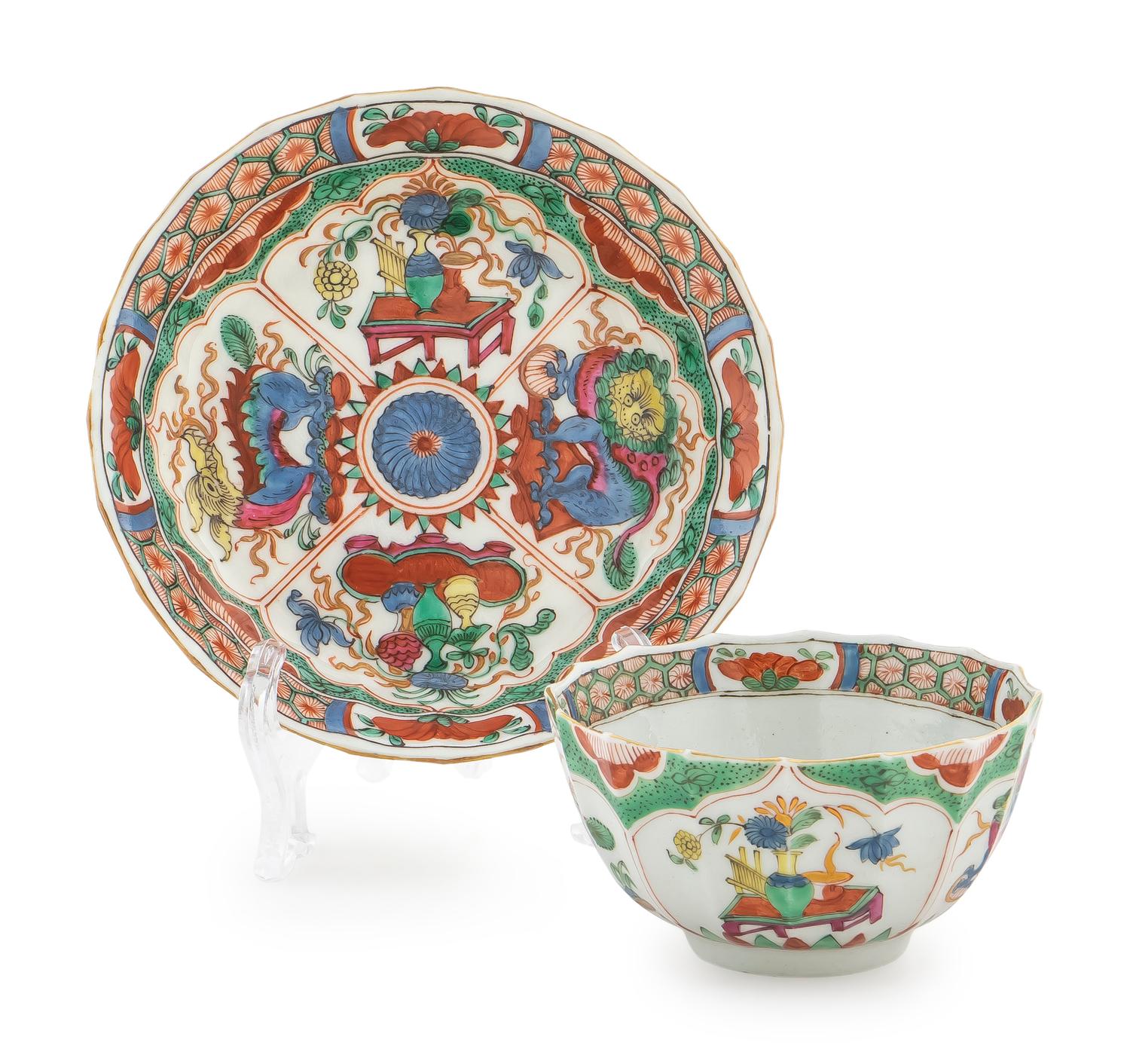 A Dr. Wall Worcester Porcealin Bengal Tiger Cup and Saucer — C. 1765