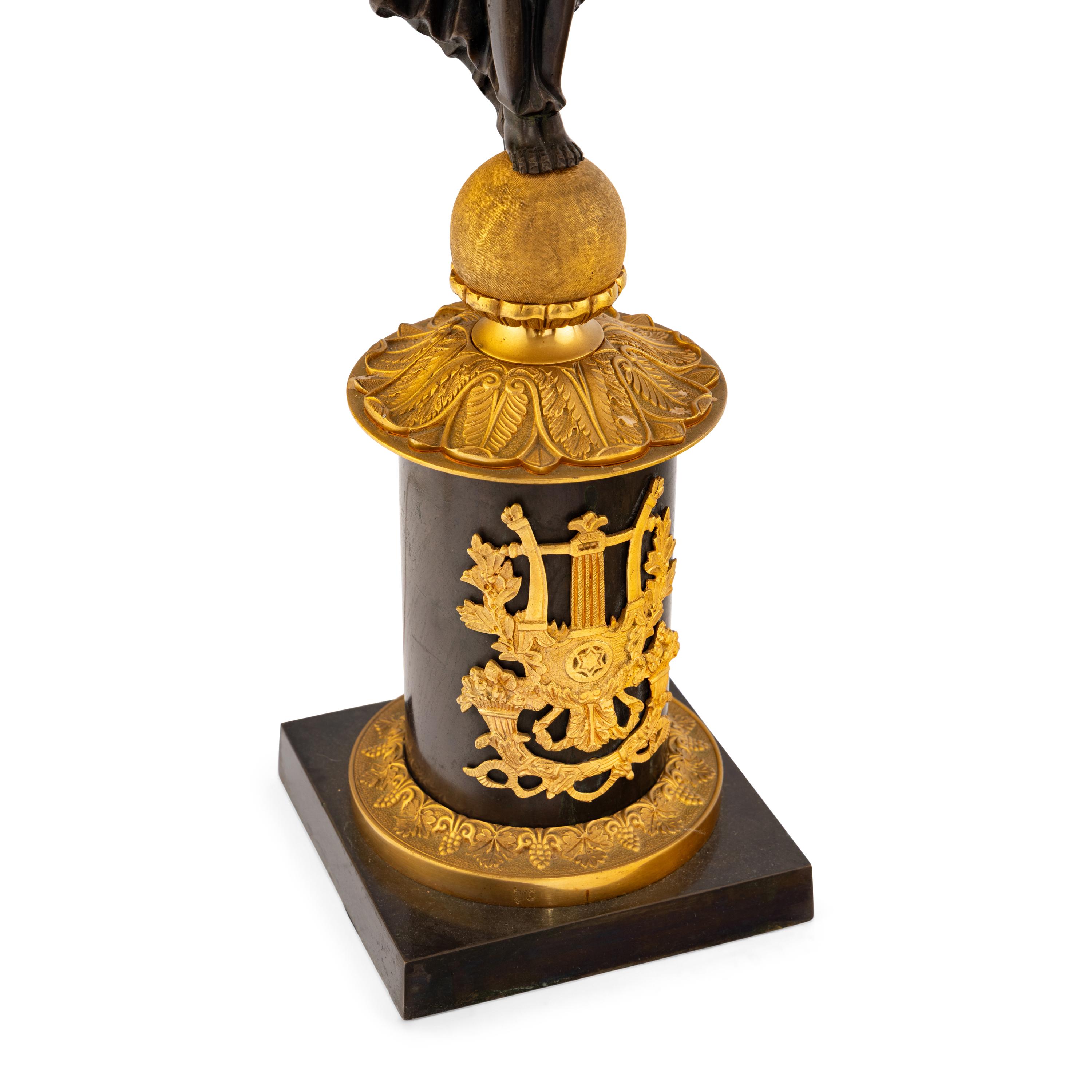 A Pair of Empire Style Gilt and Patinated Bronze Candelabra Mounted as Lamps
