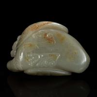A Chinese celadon jade archaistic "Duck" water coupe and carved wood stand 青玉鸭形水丞配木底座 Qing dynasty ?