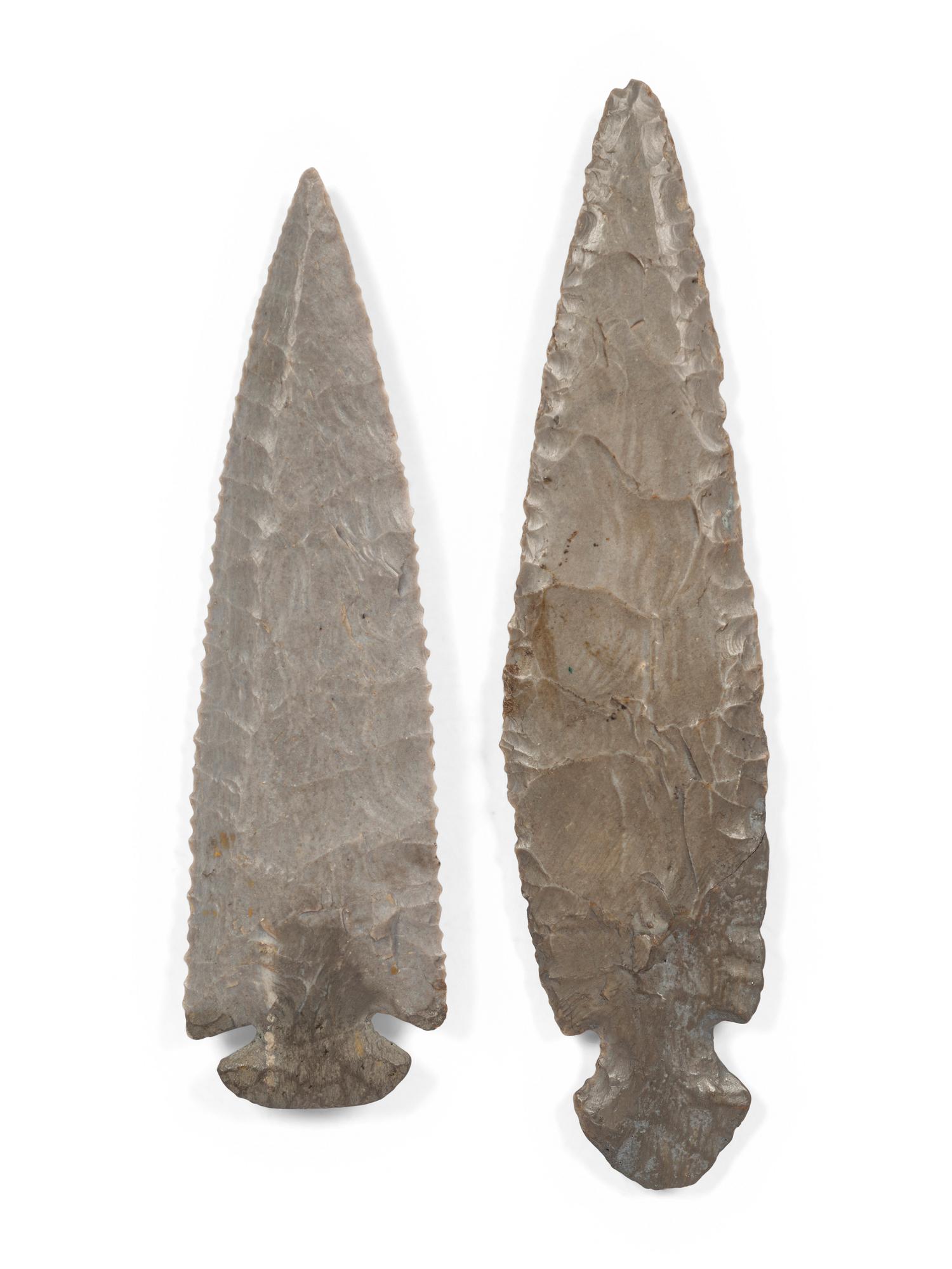 A Hornstone St. Charles Dovetail AND Ovoid Knife, with Restored Bases