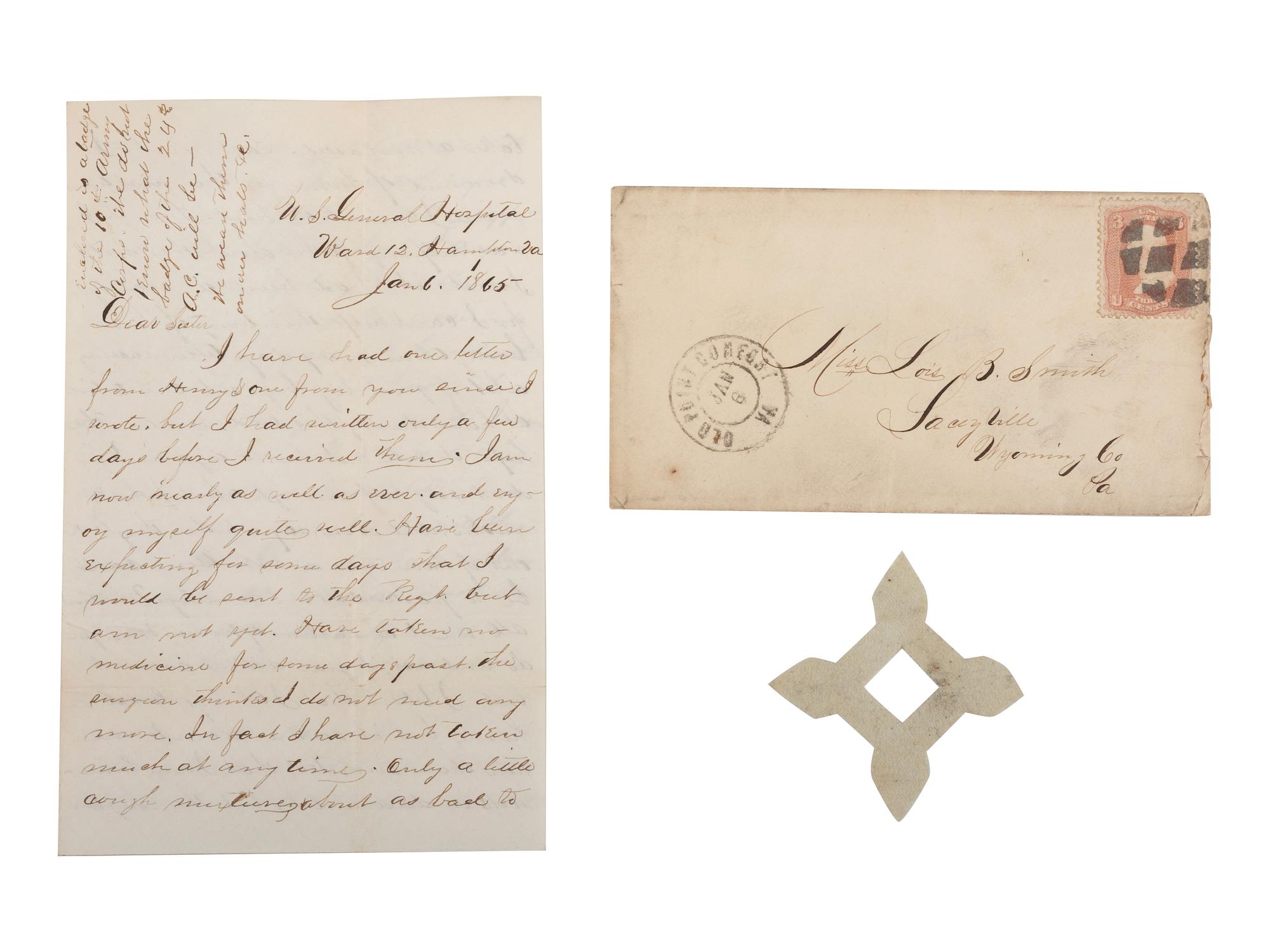 Private Byron Smith, 203rd Pennsylvania Infantry Regiment. Autographed letter with X Corps badge sent home to his sister. Hampton, VA, 6 January 1865.