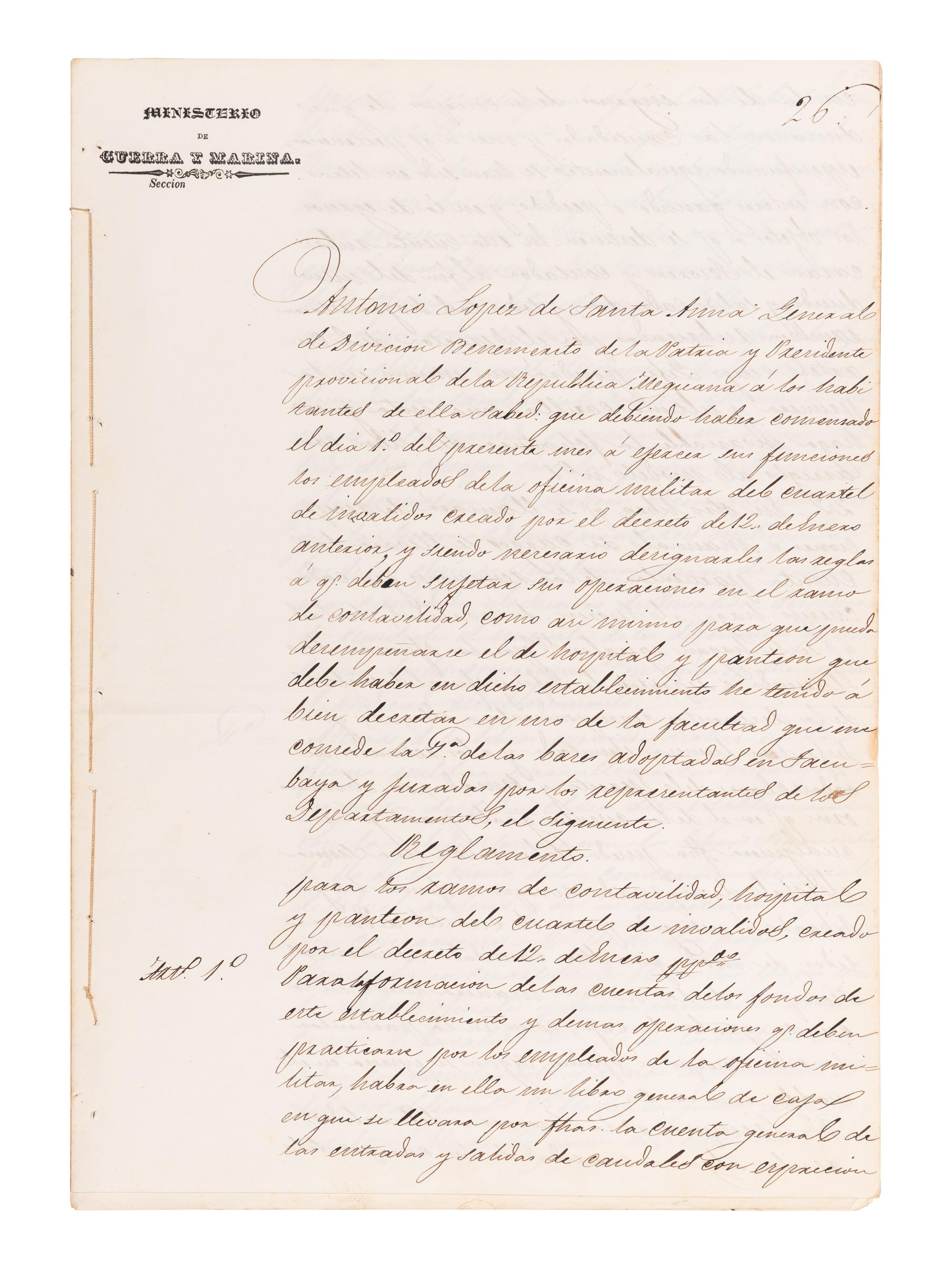 SANTA ANNA, Antonio López de (1794-1876). Manuscript document signed ("Ant. López Santa Anna"), as President of Mexico, countersigned by José María Tornel, Senior Minister of the War and Navy, 10 March 1842.