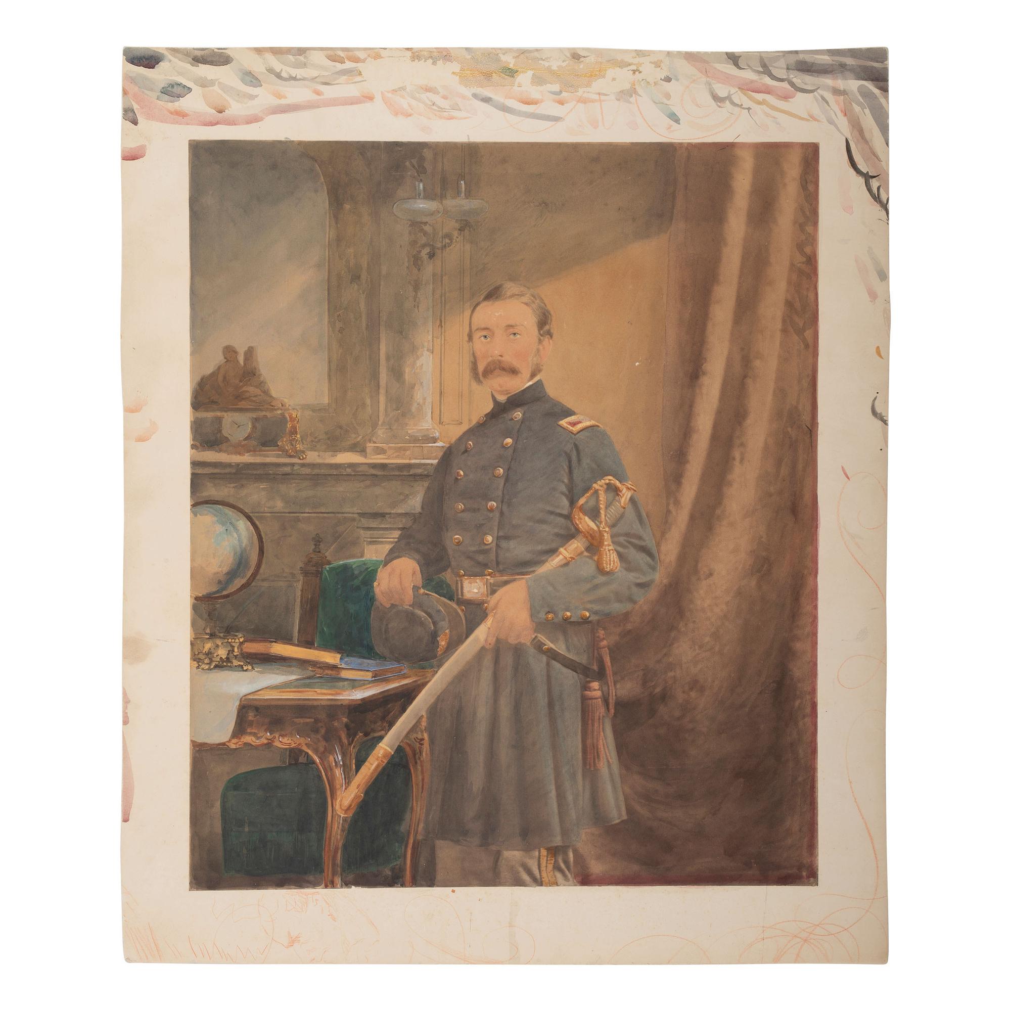 [Civil War] Three Large Portraits of Civil War officers, incl. Watercolor of Col. Marshall Lefferts.