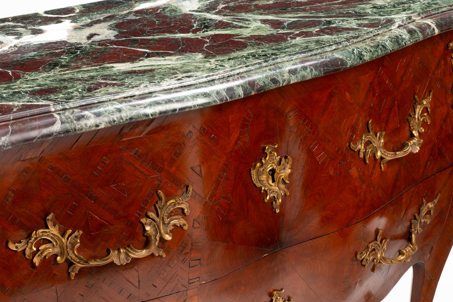 A Pair of Louis XV Style Gilt Bronze Mounted Parquetry Marble-Top Commodes