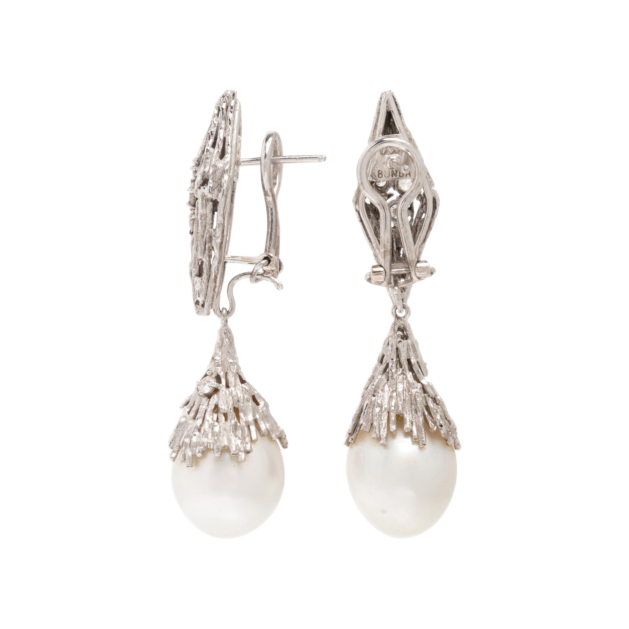 Bunda, Cultured Pearl, Diamond, and White Gold Convertible Drop Earrings