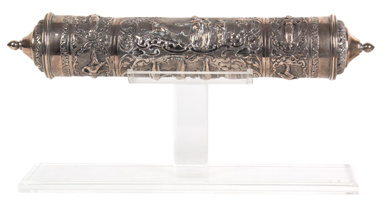A Burmese .800 Silver Scroll Holder, 19TH CENTURY, having repousse figural and landscape decoration.