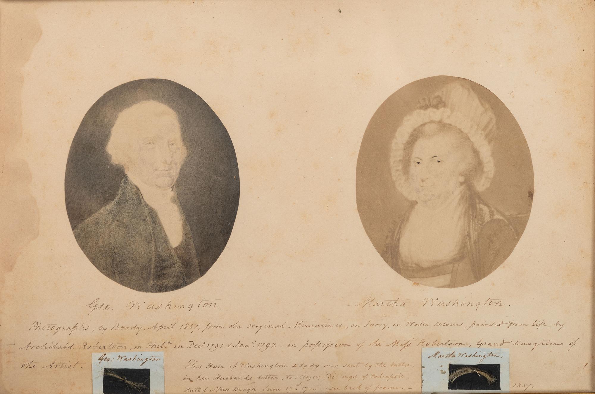 [POLITICS]. WASHINGTON, George (1732-1799) and Martha Dandridge Custis WASHINGTON (1731-1802). Locks of hair of George and Martha Washington in 1857 presentation with provenance inscription and portraits.