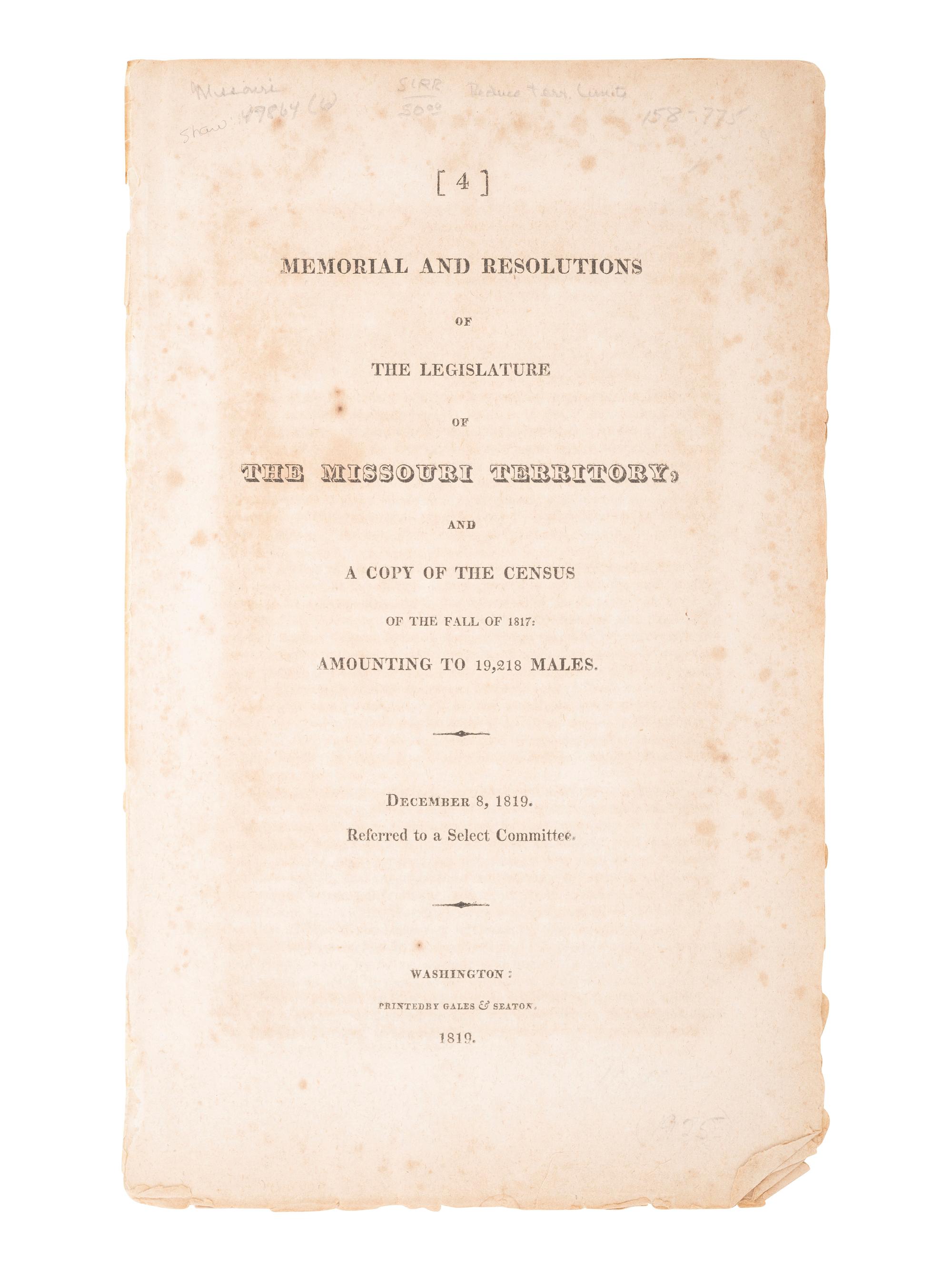 [WESTERN AMERICANA]. Memorial and Resolutions of the Legislature of the Missouri Territory... .
