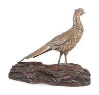 A Silvered Bronze Pheasant on a Wood Stand