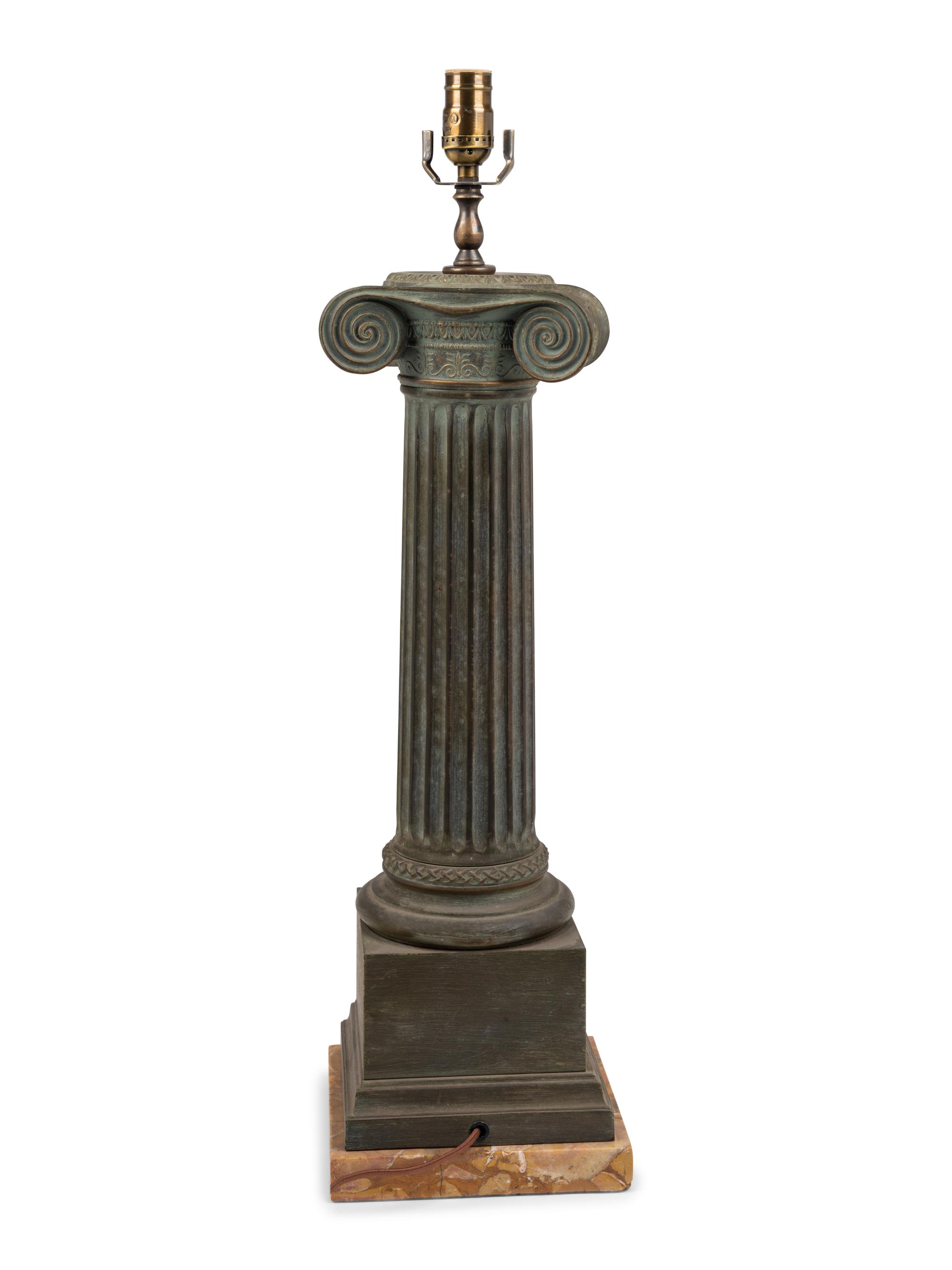 A Patinated Cast Metal and Marble "Ionic Column" Table Lamp