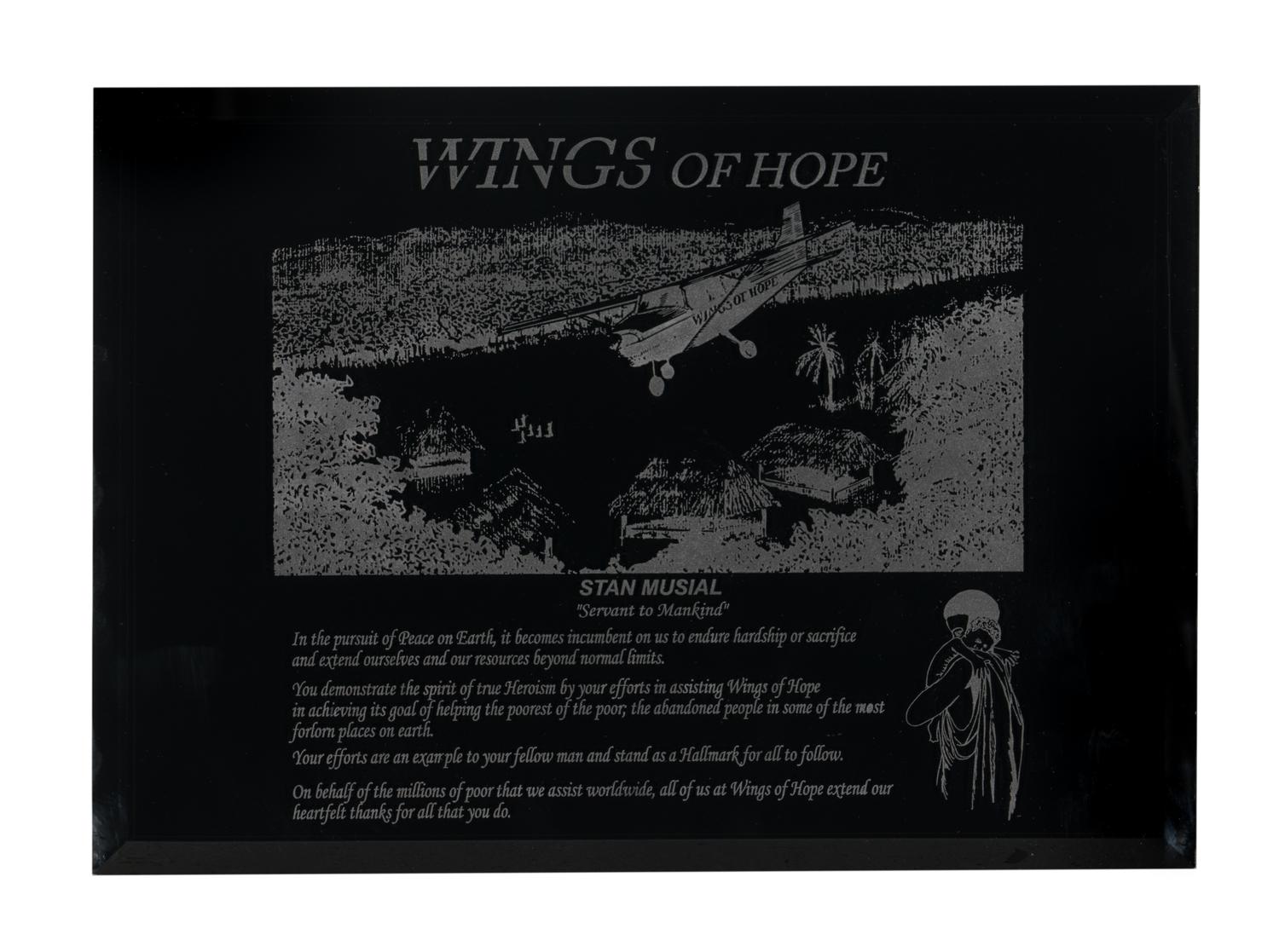 *** NOW PART OF 376988/27 *** Stan Musial's Personally Owned "Wings of Hope" Award Plaque