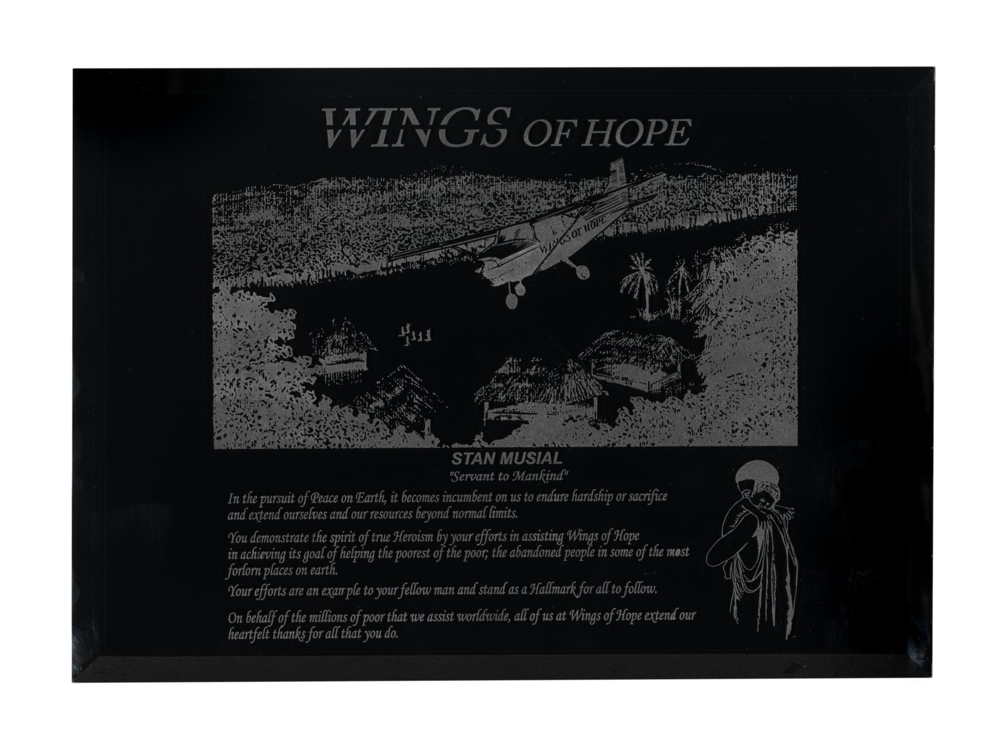 *** NOW PART OF 376988/27 *** Stan Musial's Personally Owned "Wings of Hope" Award Plaque