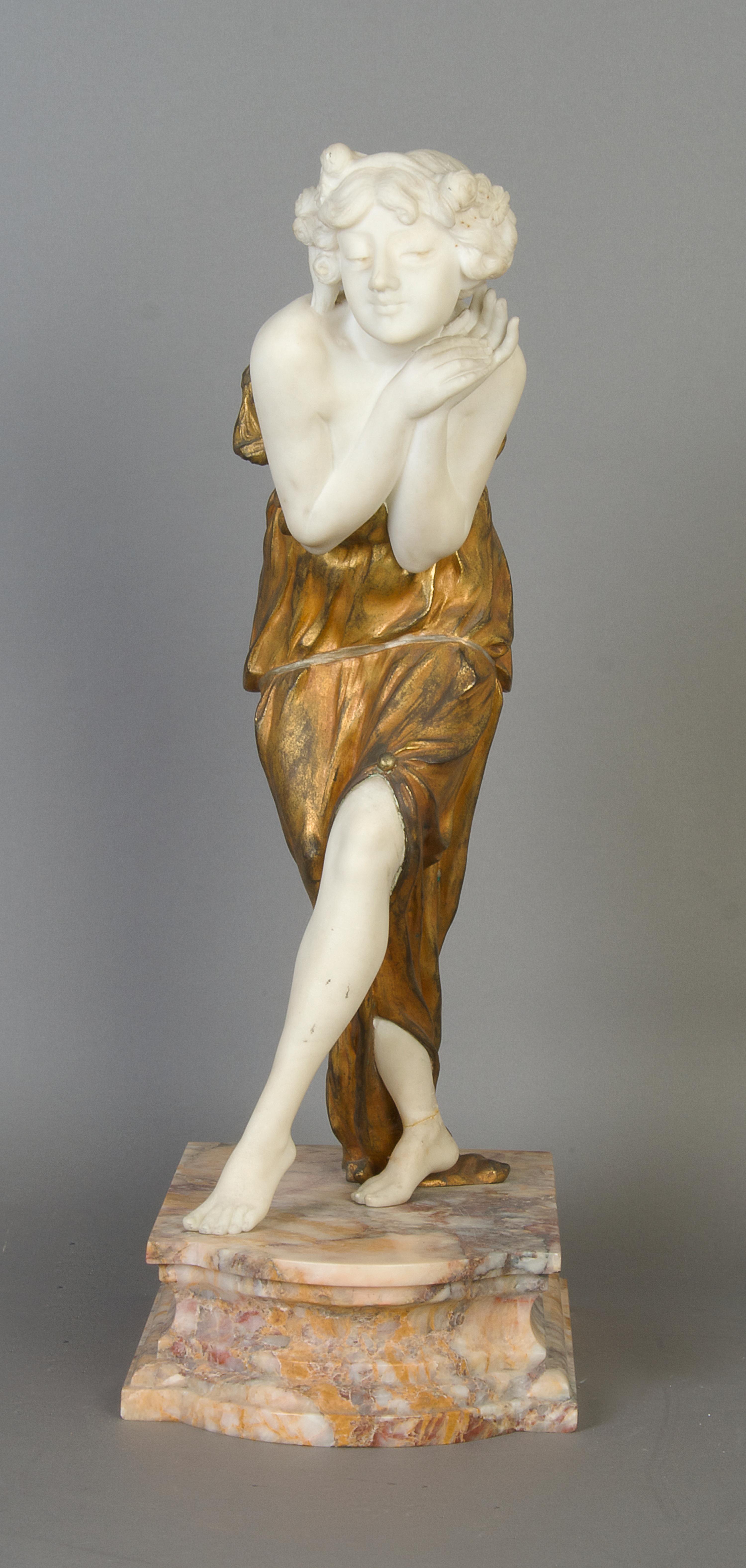 A French Alabaster and Gilt Bronze Figure, Gory, Height 20 1/2 inches.