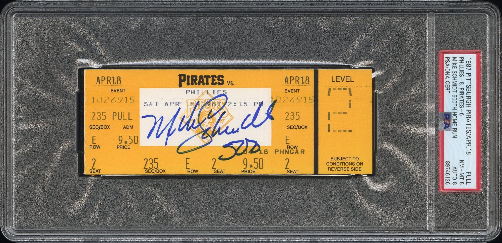 A Mike Schmidt Signed Autograph 500 Home Run Game Full Ticket (PSA 8 NM-MT / 8 AUTO - POP 6, NONE HIGHER)
