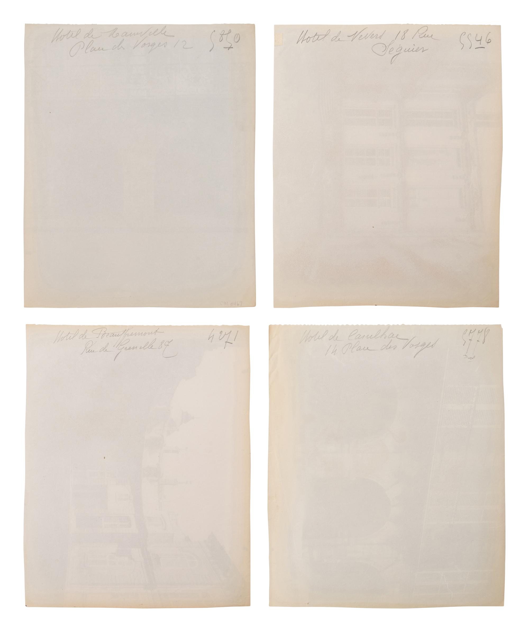 A group of four photographs ( Hôtel de Mainville, place des Vosges 12 , 1911-1912; Hôtel de Canhillac, place des Vosges 14 , 1911-1912; Hôtel de Nevers, 18 rue Seguier , 1908; Hôtel Beauffremont, rue de Grenelle 87 , 1901)