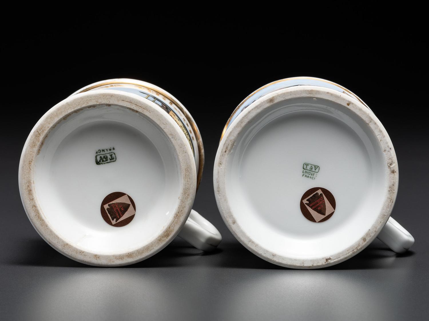 Two Porcelain Occupational Shaving Mugs with Horse-Drawn Wagons