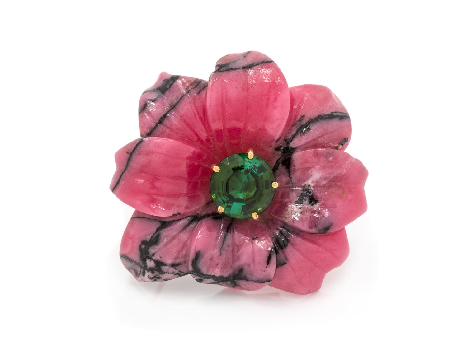 An 18 Karat Yellow Gold, Rhodonite and Green Tourmaline Brooch, Paloma Picasso for Tiffany & Co., Circa 1983,