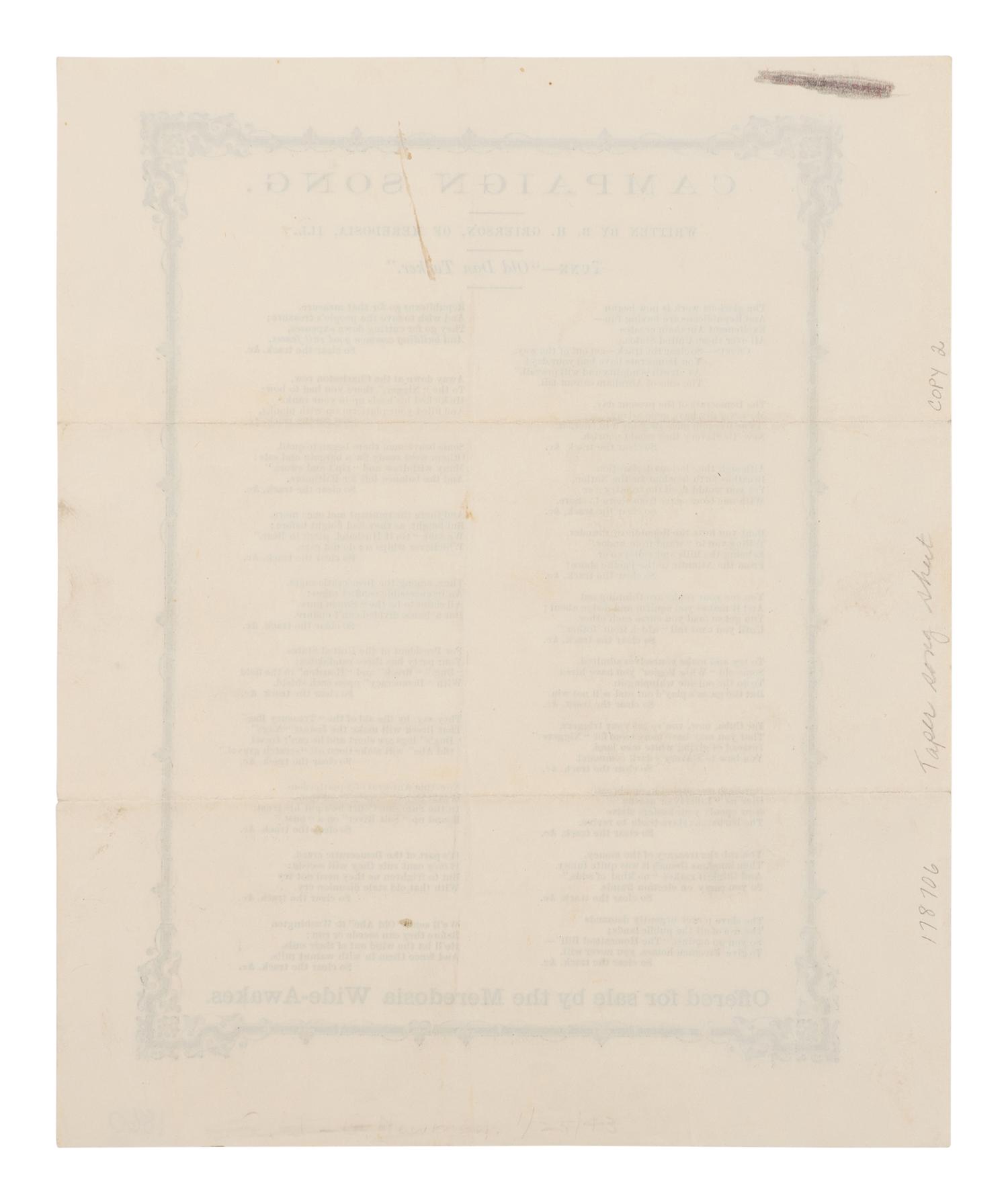 [LINCOLN-HAMLIN CAMPAIGN]. GRIERSON, Benjamin Henry (1826-1911). Campaign Song...Offered for Sale by the Meredosia Wide-Awakes . Meredosia, IL, 1860.