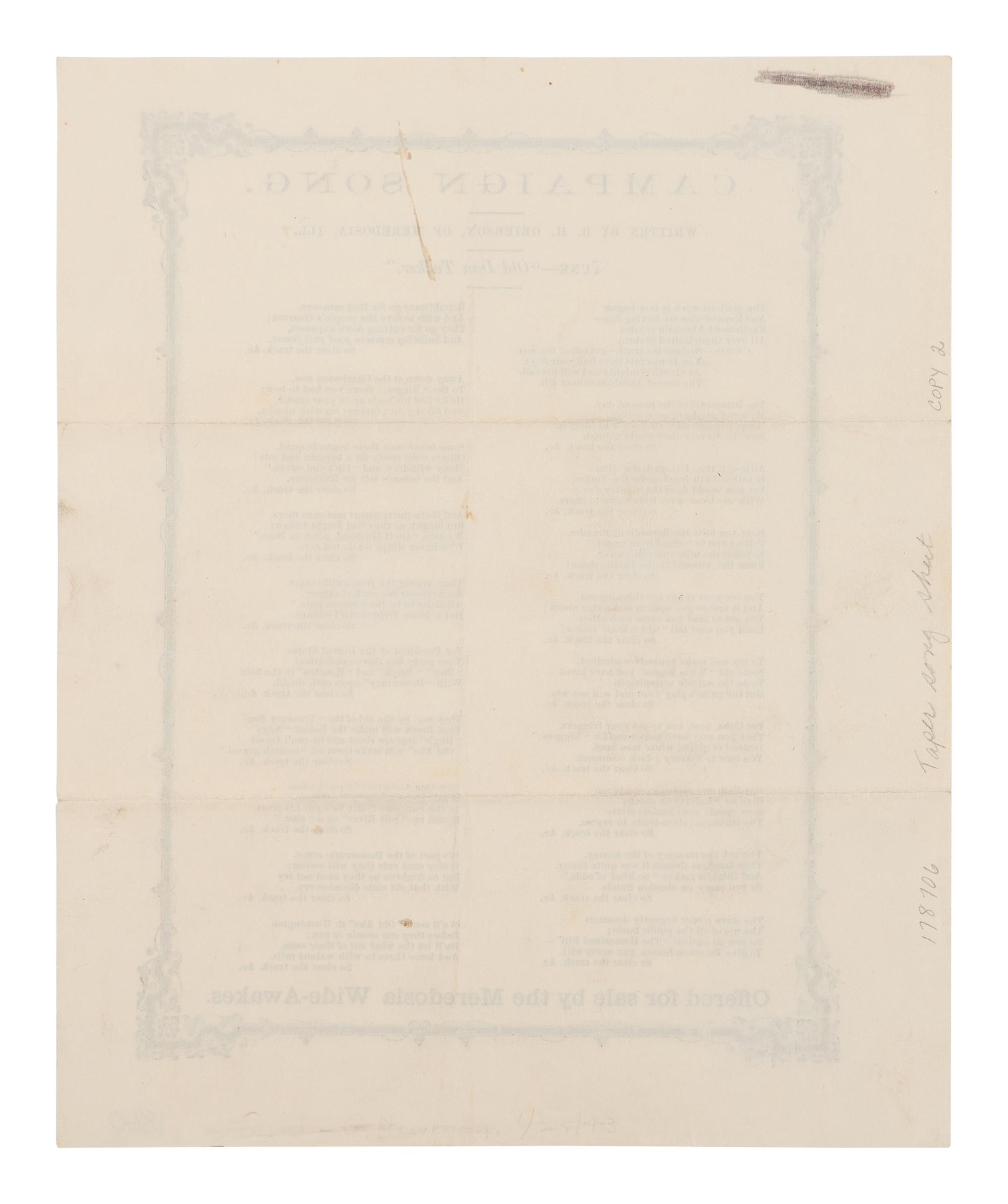 [LINCOLN-HAMLIN CAMPAIGN]. GRIERSON, Benjamin Henry (1826-1911). Campaign Song...Offered for Sale by the Meredosia Wide-Awakes . Meredosia, IL, 1860.