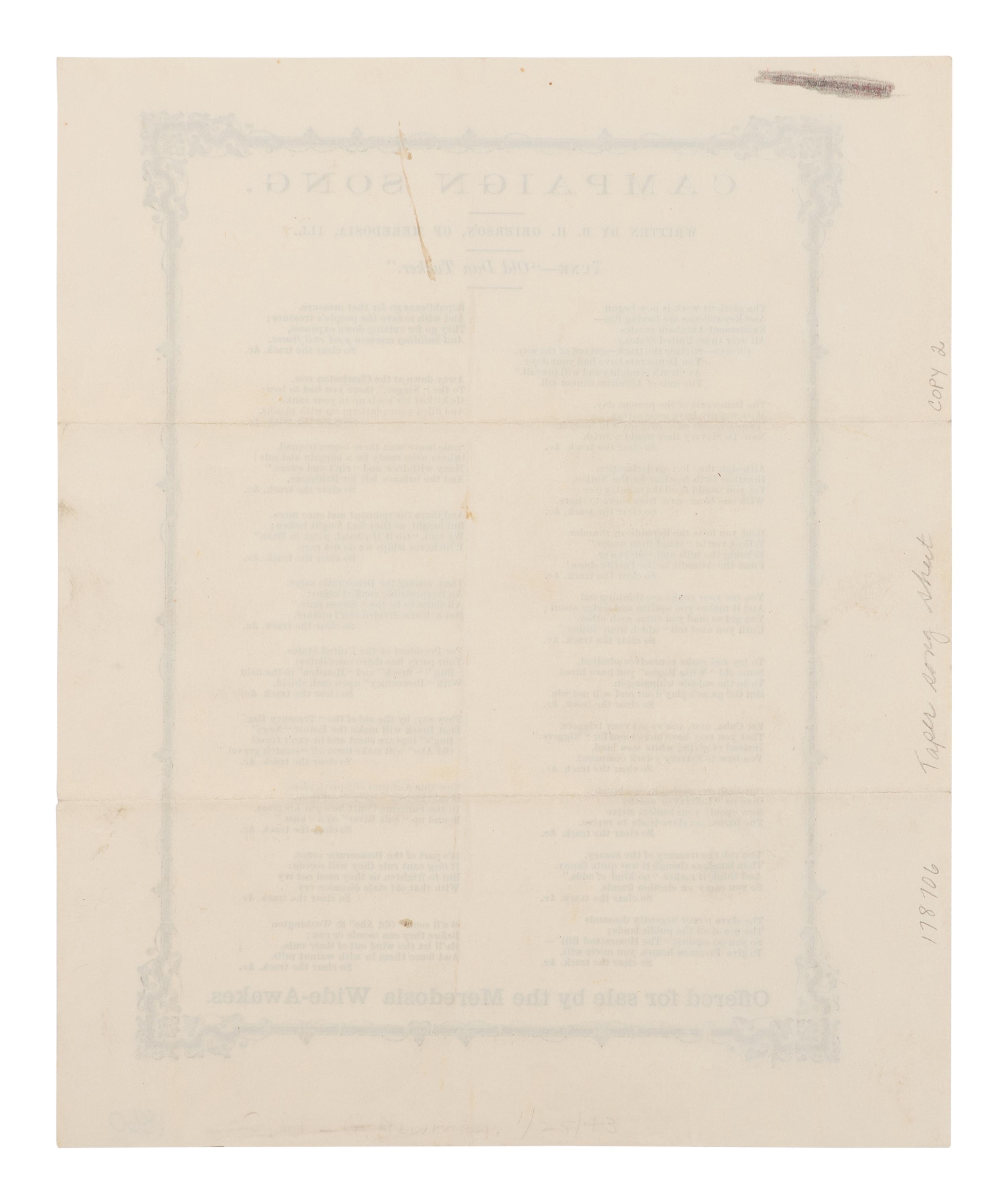 [LINCOLN-HAMLIN CAMPAIGN]. GRIERSON, Benjamin Henry (1826-1911). Campaign Song...Offered for Sale by the Meredosia Wide-Awakes . Meredosia, IL, 1860.